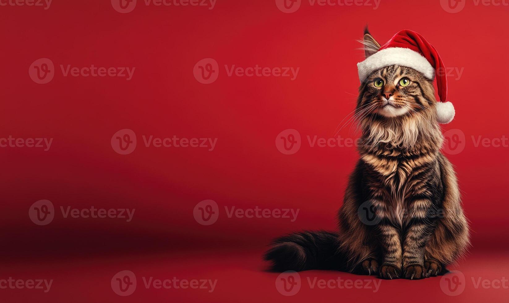 a Maine cat in a Santa hat, red background, empty space on the right photo