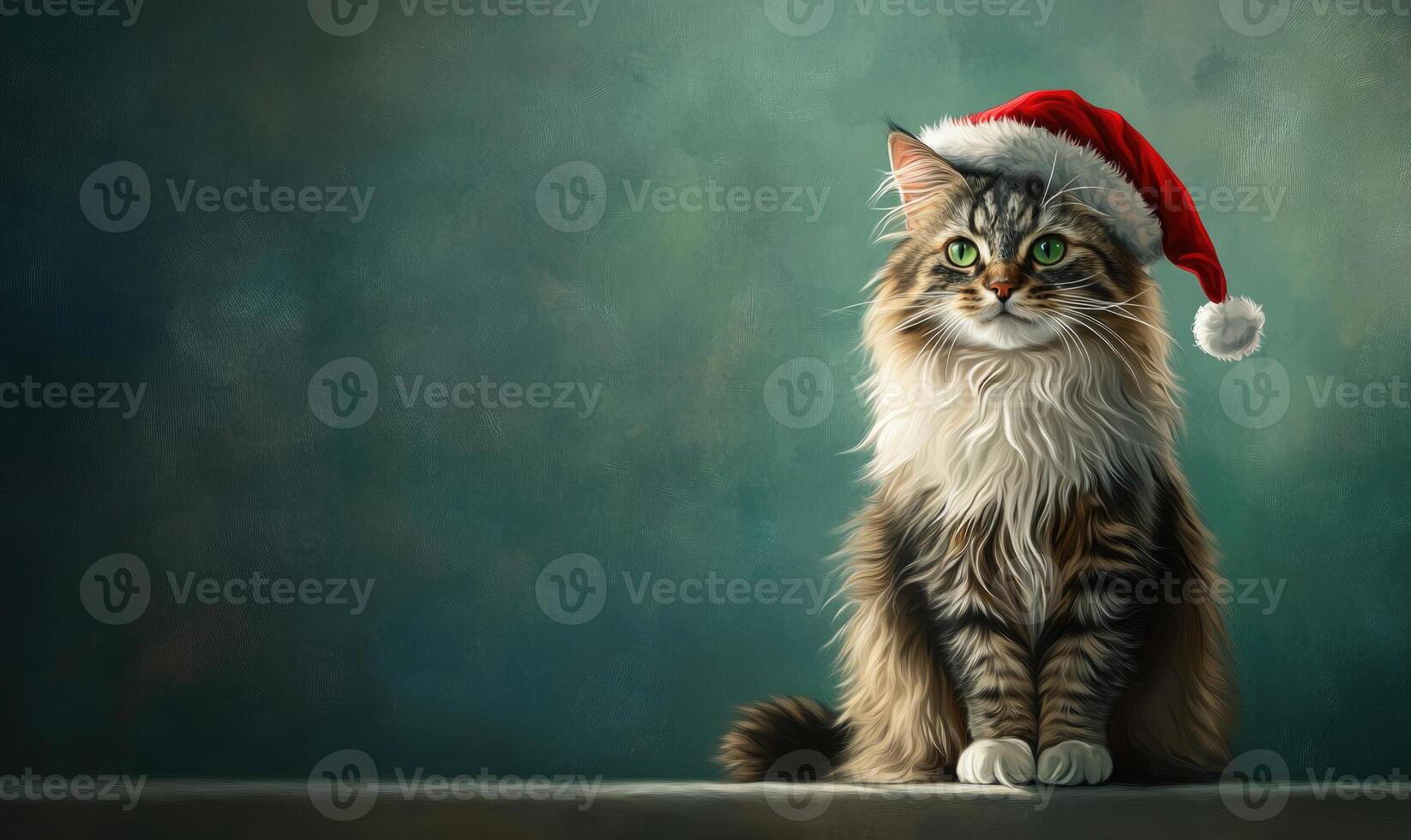 a Norwegian Forest cat in a Santa hat, green background, empty space on the right photo
