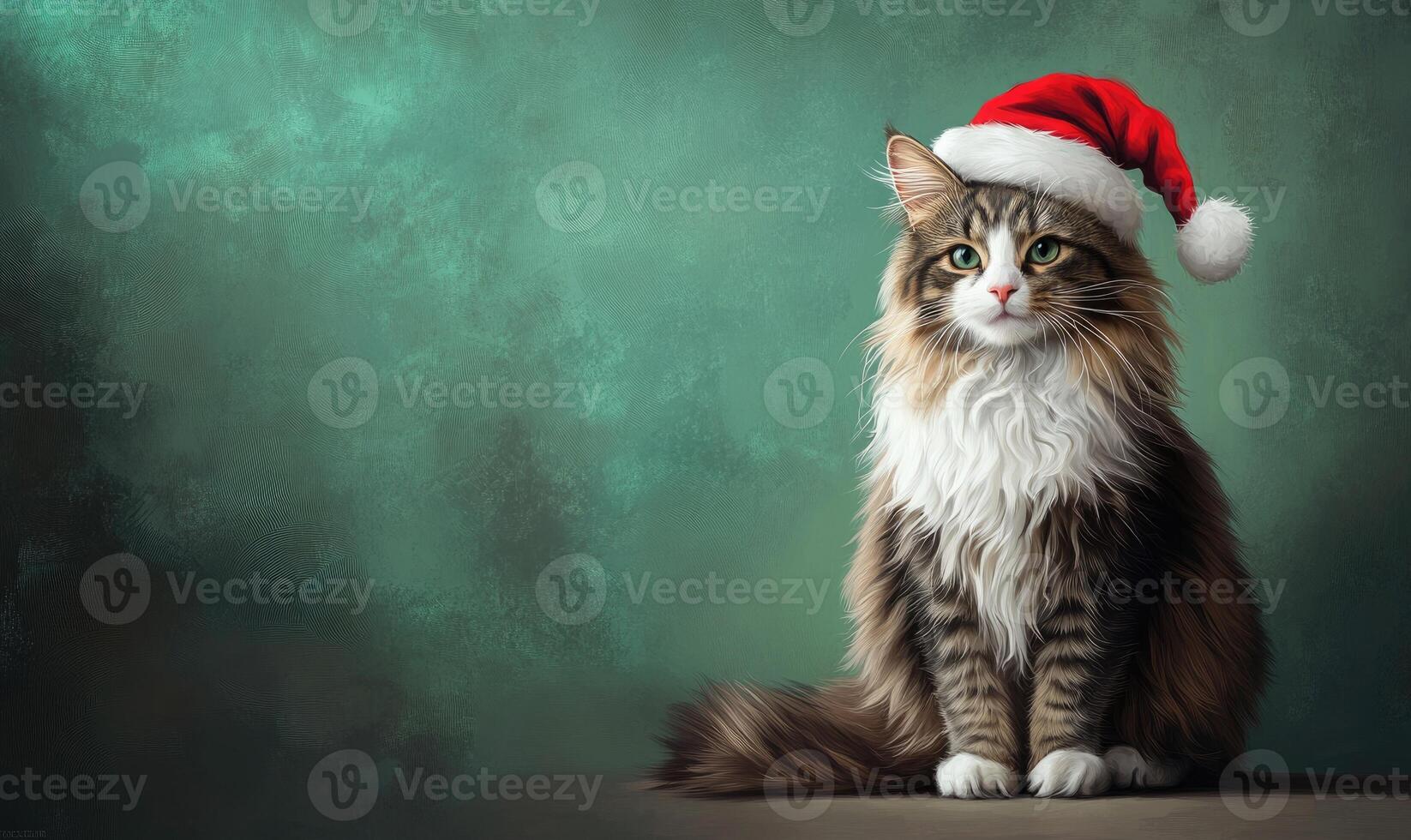 a Norwegian Forest cat in a Santa hat, green background, empty space on the right photo