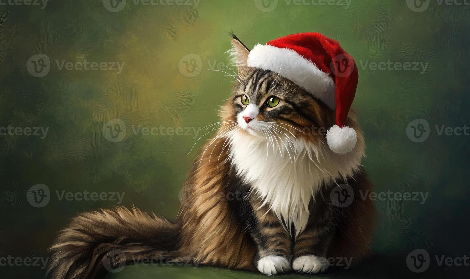 a Norwegian Forest cat in a Santa hat, green background, empty space on the right photo