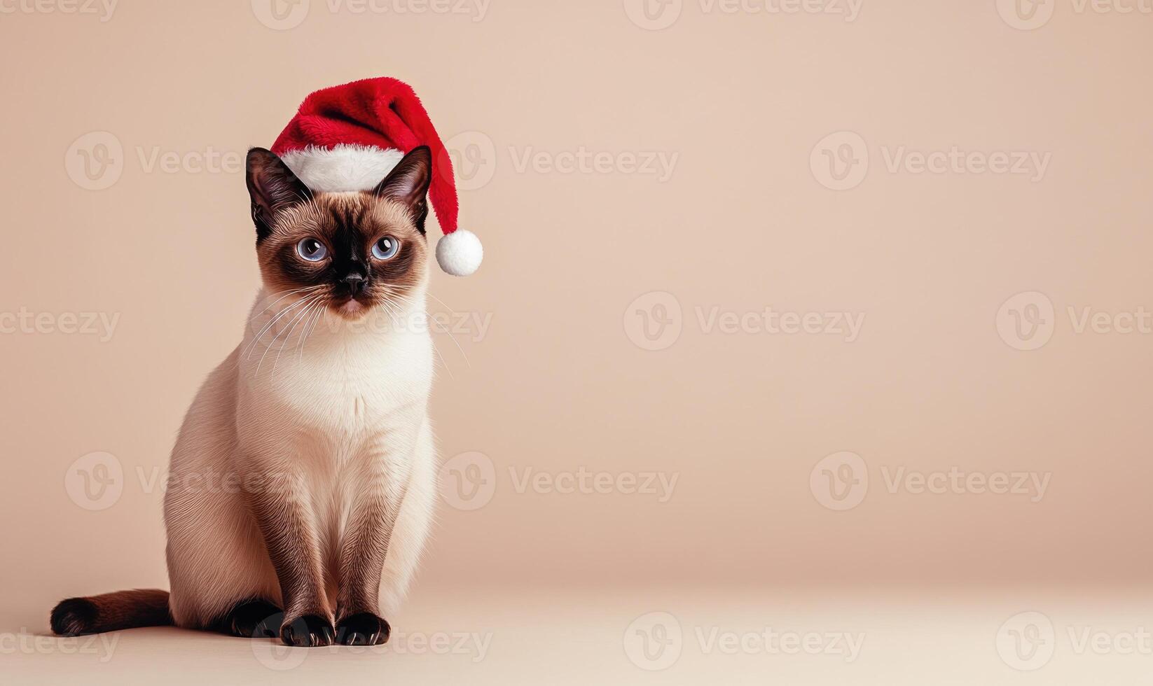 a Siamese cat in a Santa hat, beige background, empty space on the right side photo