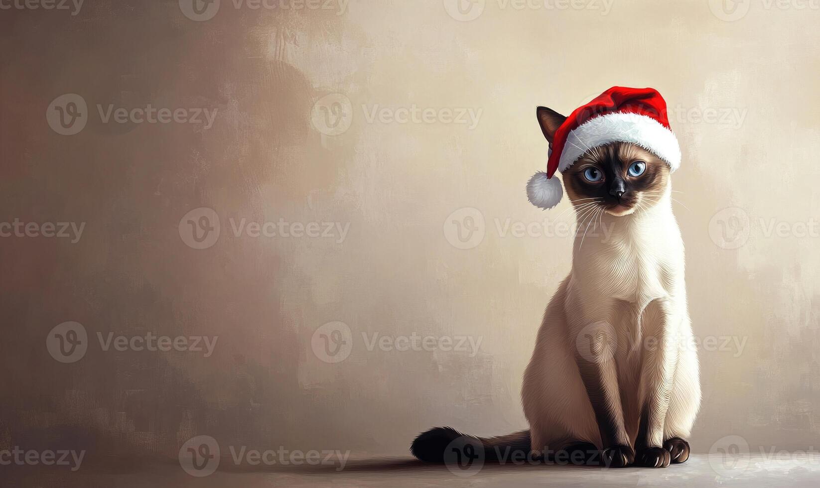 a Siamese cat in a Santa hat, beige background, empty space on the right side photo
