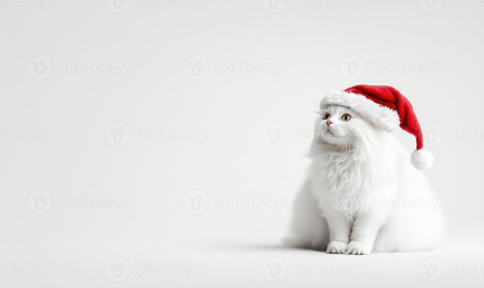 a Turkish Angora cat in a Santa hat, white background, empty space on the right side photo
