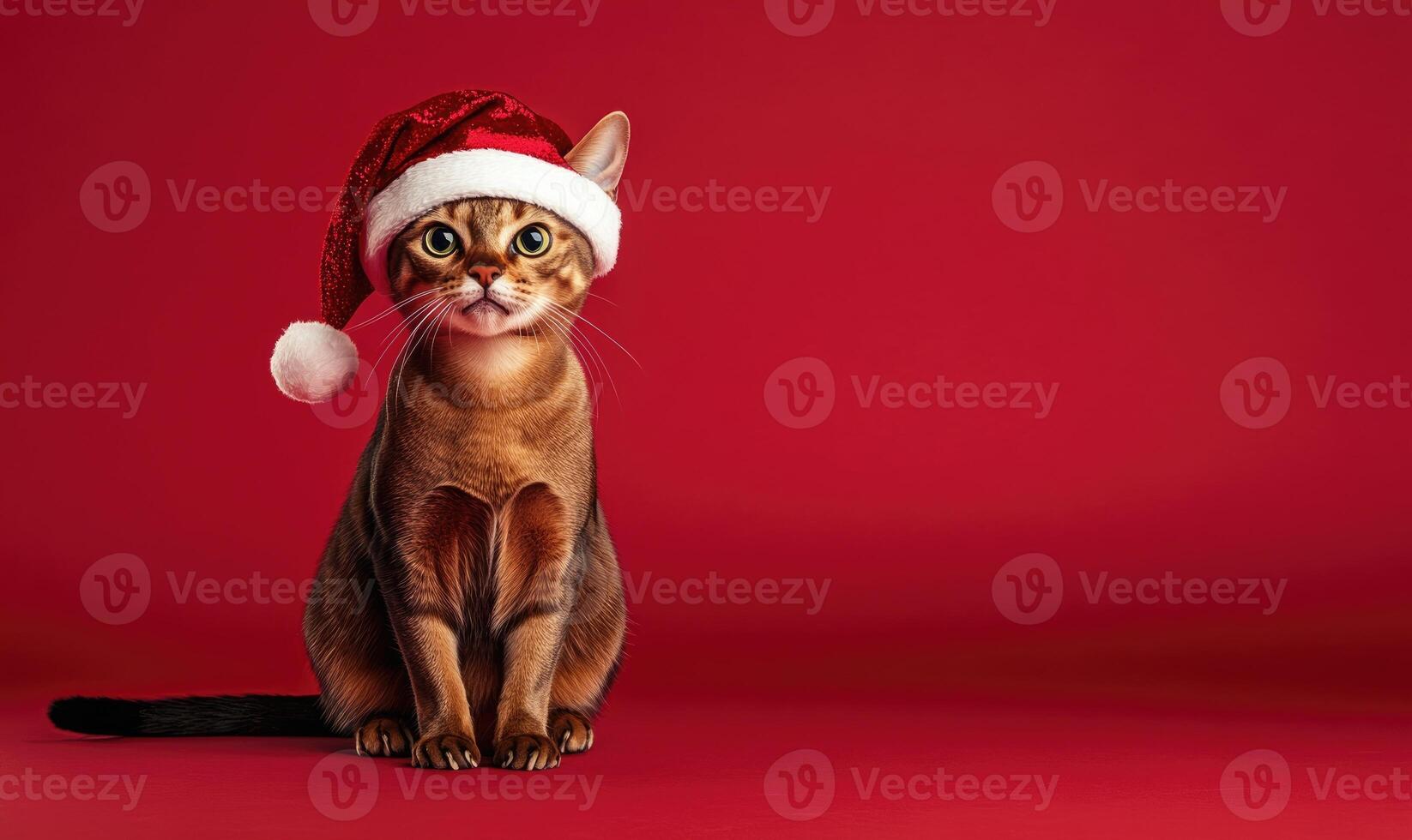 a Somali cat in a Santa hat, red background, empty space on the right side photo