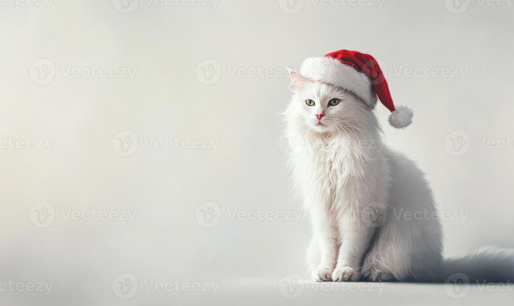 a Turkish Angora cat in a Santa hat, white background, empty space on the right side photo