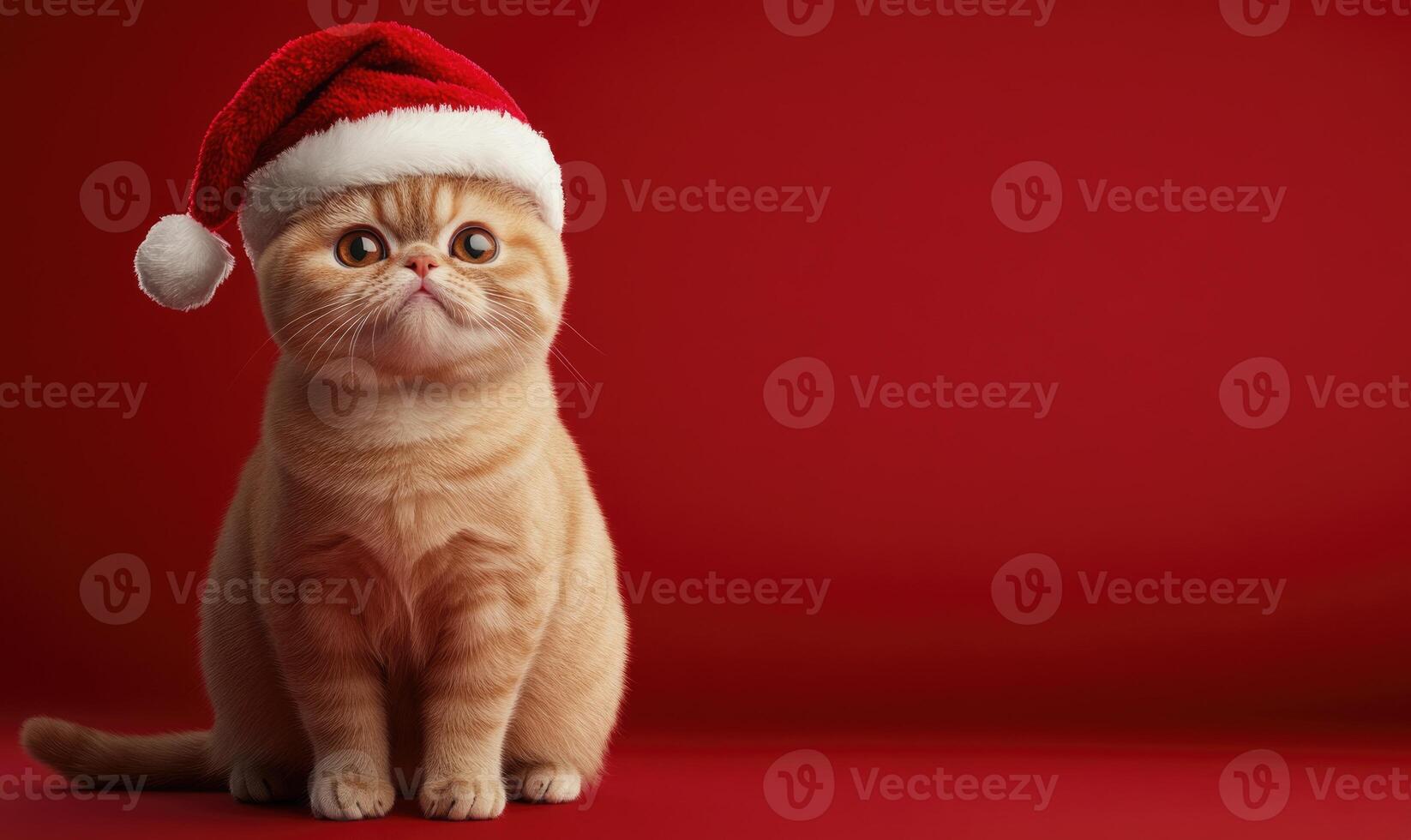 an Exotic Shorthair cat in a Santa hat, red background, empty space on the right photo