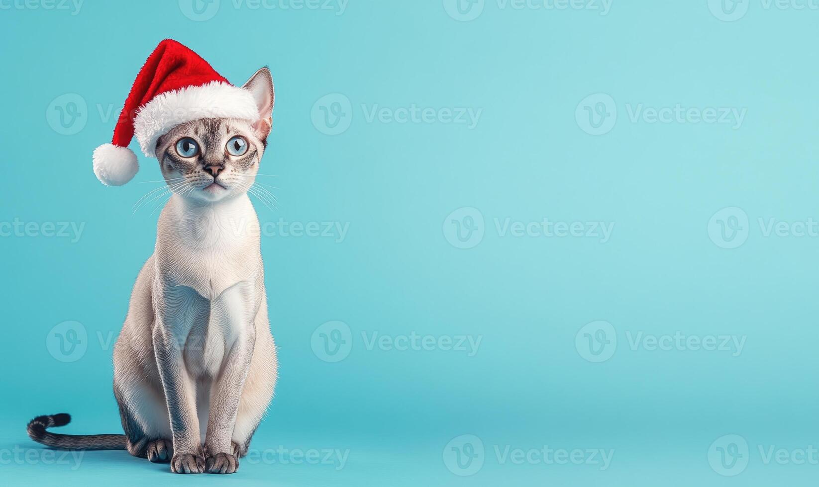 an Egyptian Mau cat in a Santa hat, blue background, empty space on the right photo