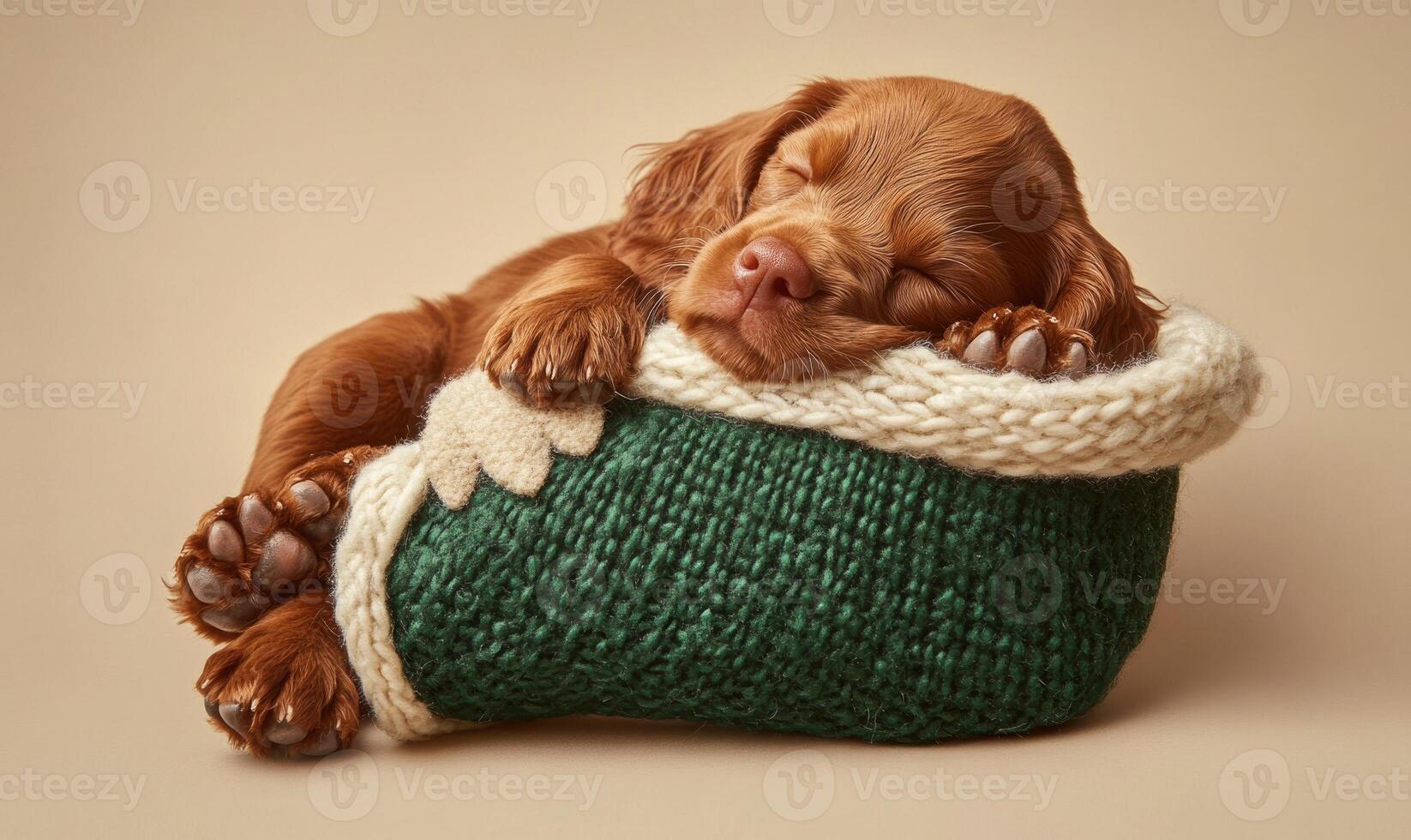 an Irish Setter puppy snuggled up in a green and white Christmas stocking photo