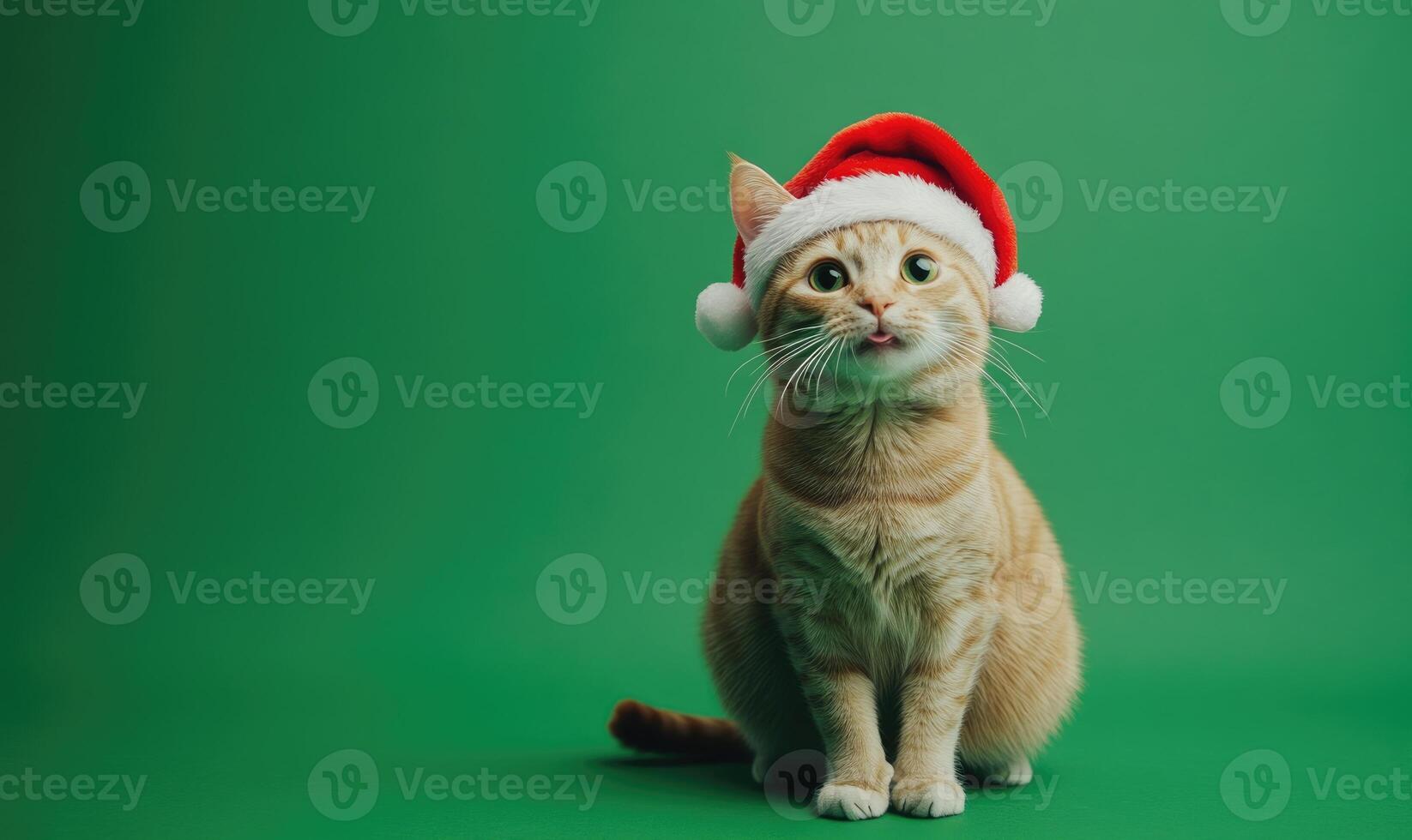 Cat wearing a Santa hat, green background, empty space on the right photo
