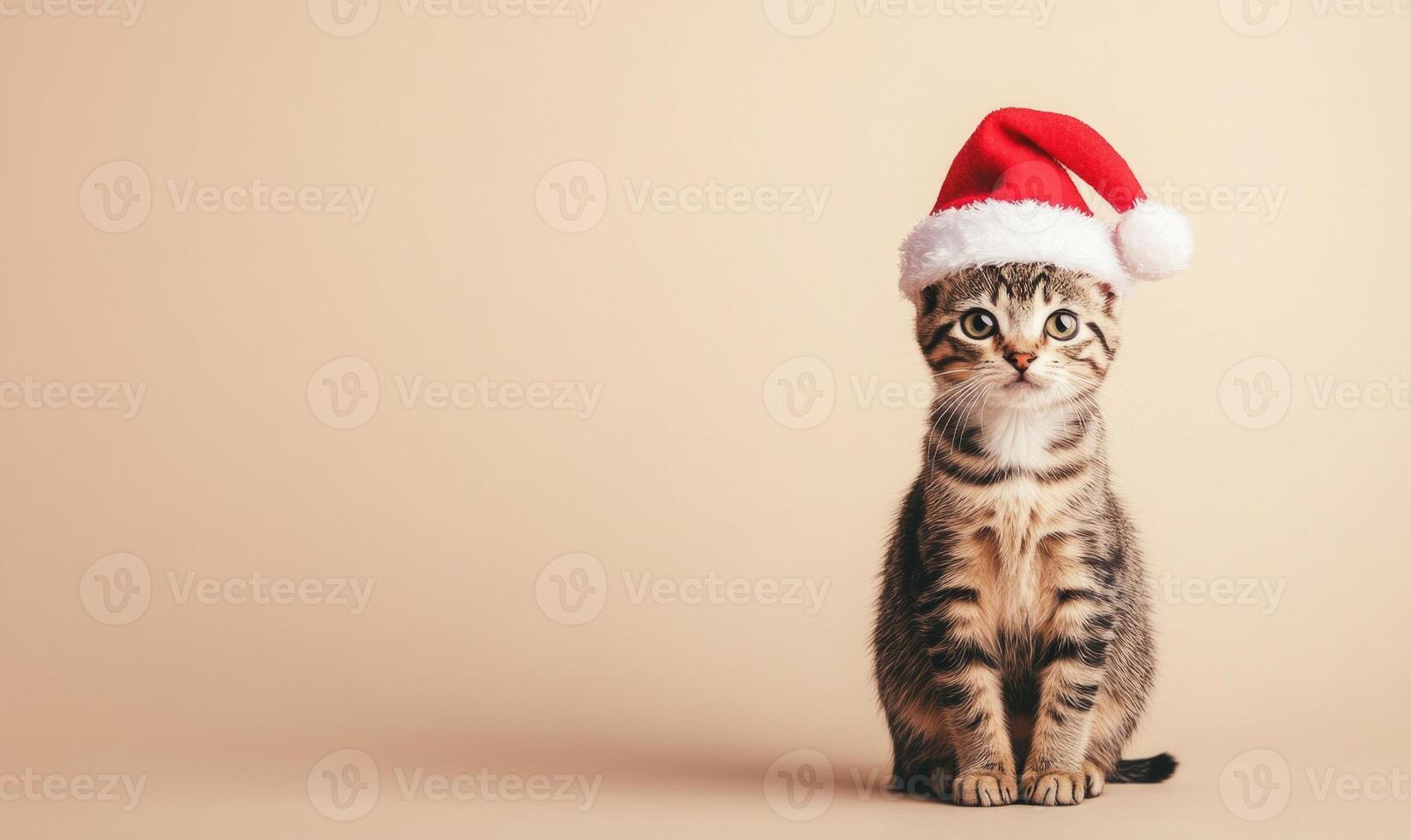Cat wearing a Santa hat, soft beige background, empty space on the left photo