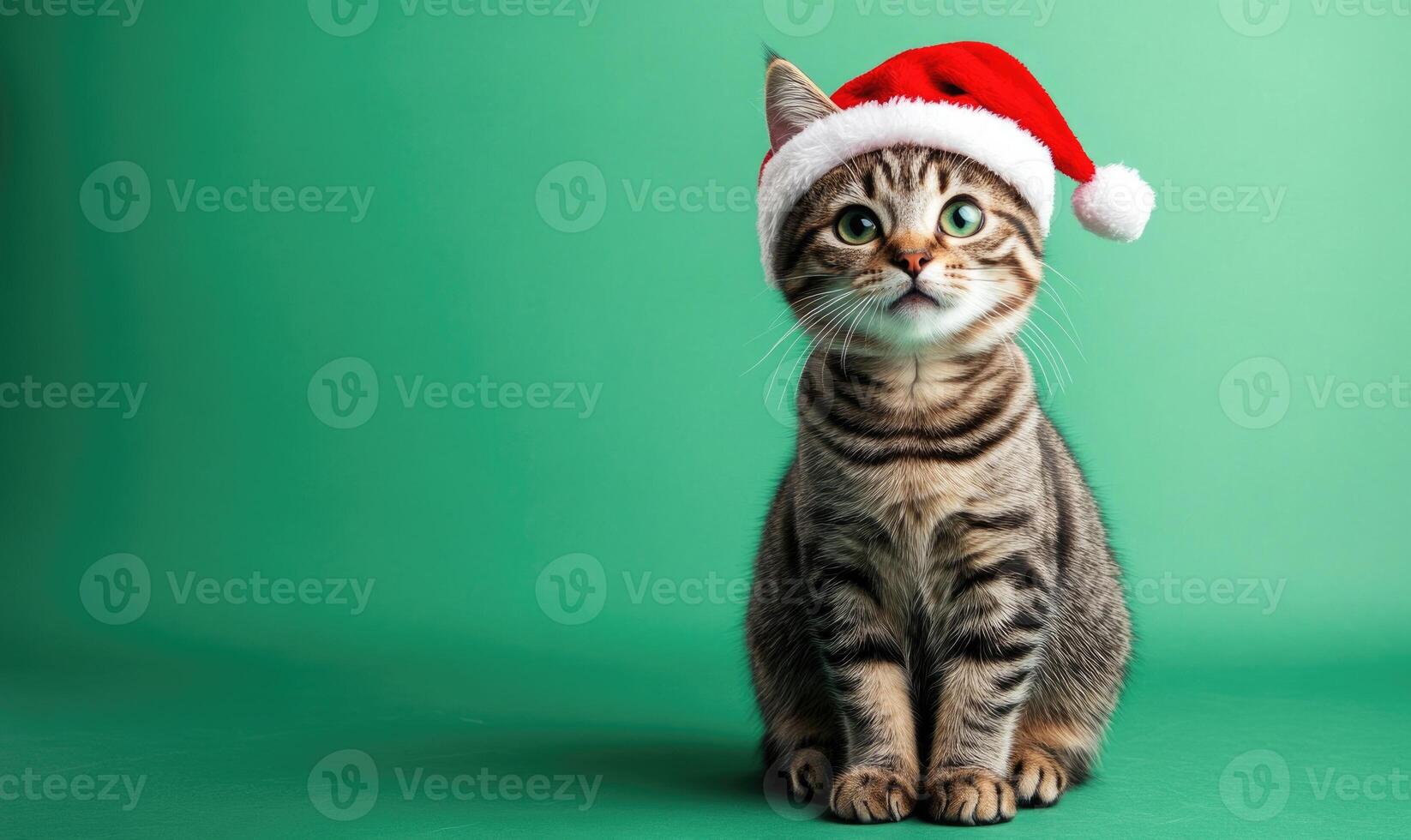 Cat wearing a Santa hat, green background, empty space on the right photo