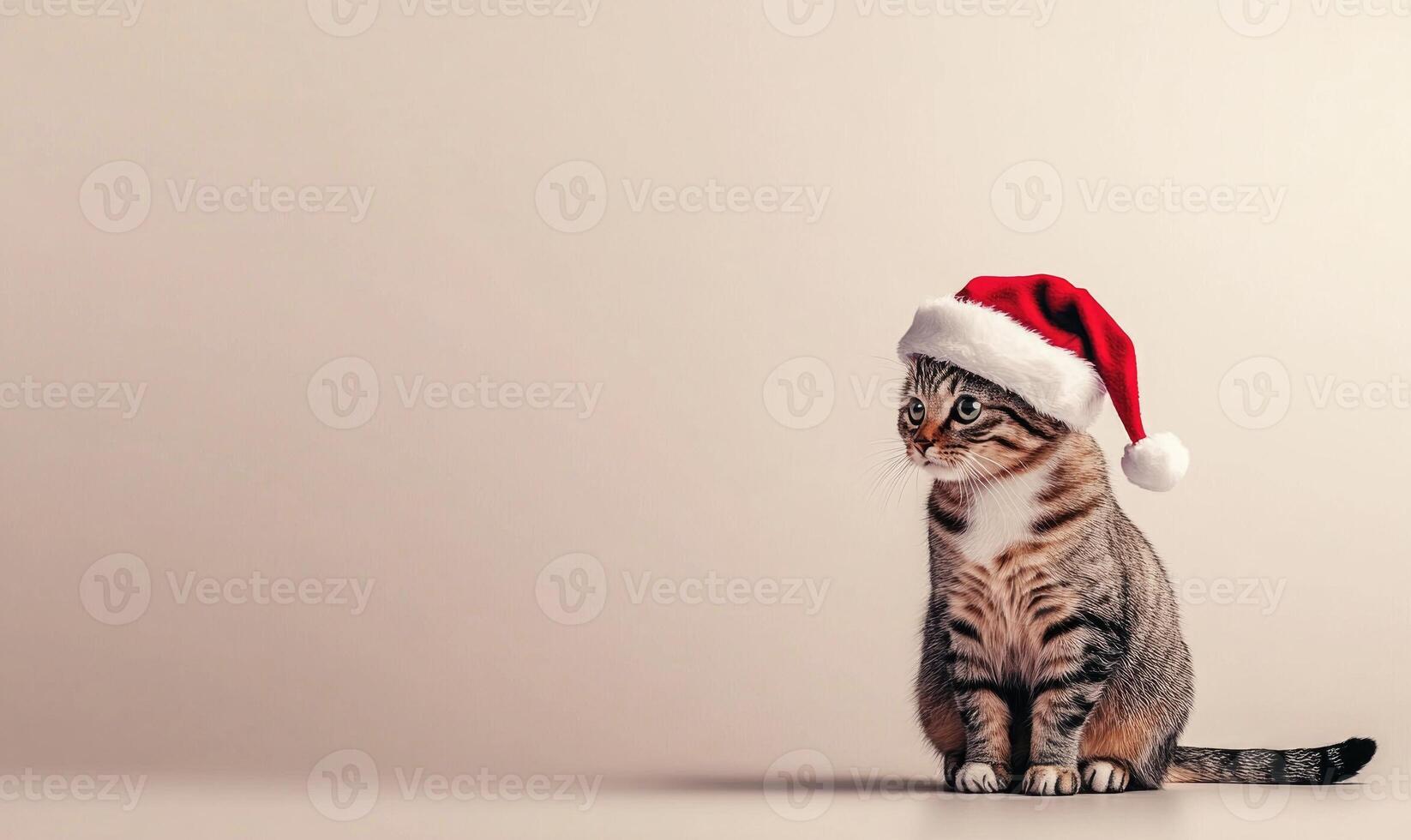 Cat wearing a Santa hat, soft beige background, empty space on the left photo