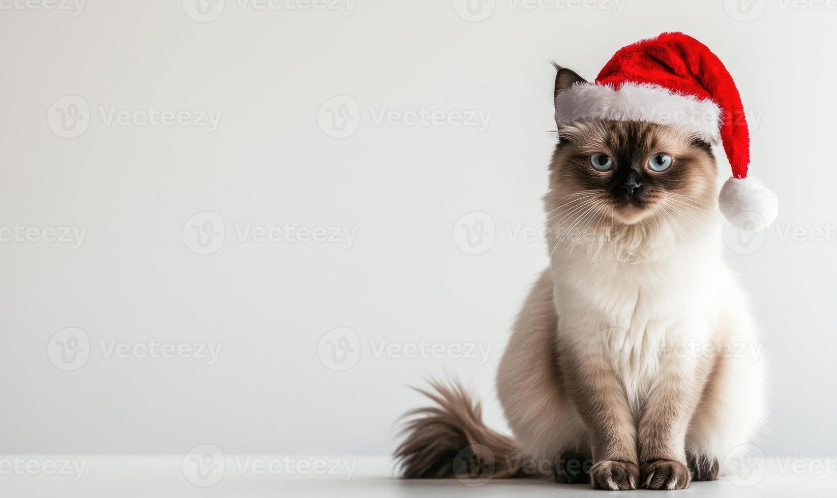 a Birman cat wearing a Santa hat, sitting calmly, white background, empty space on the left photo