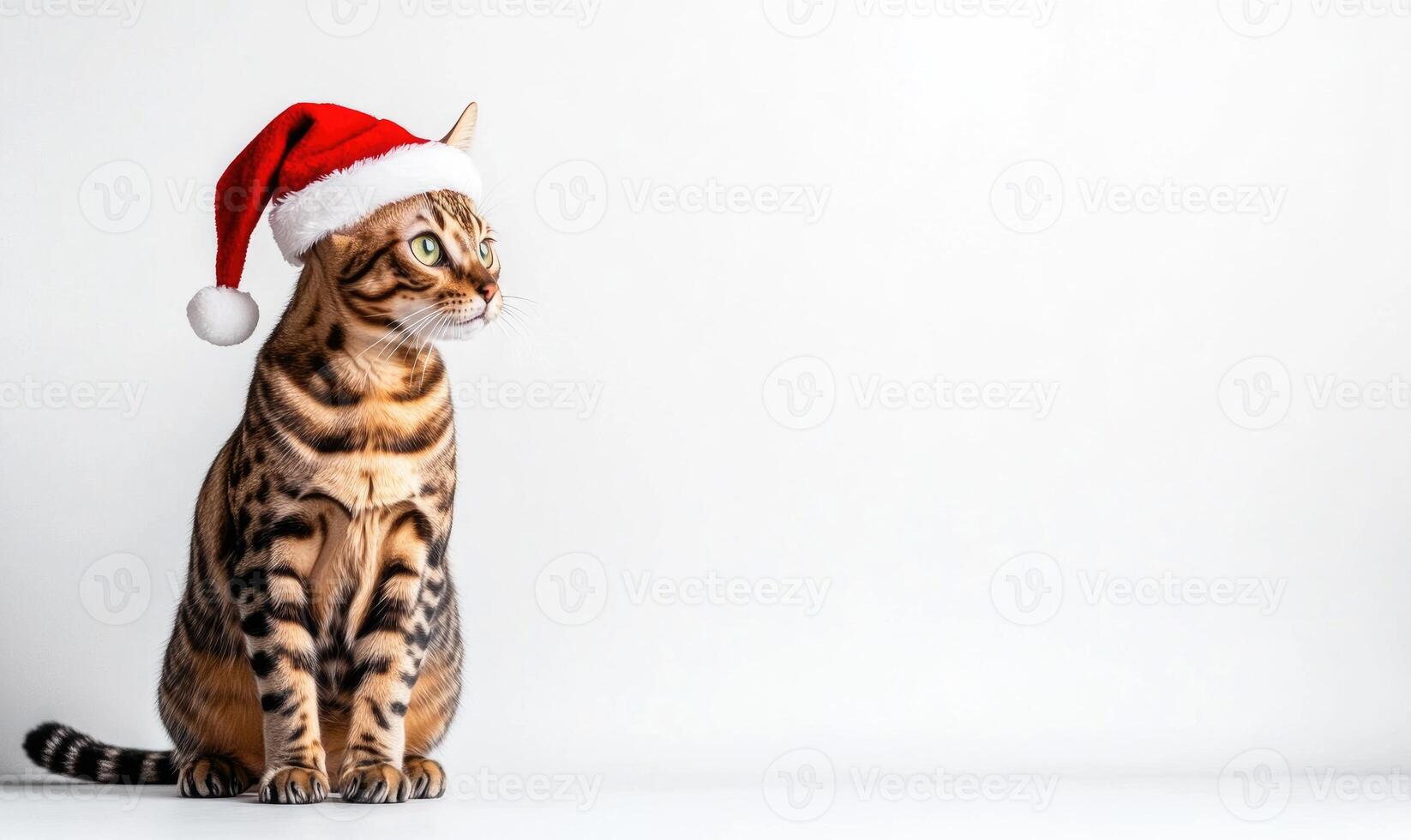 Bengal cat in a Santa hat, sitting calmly, white background, empty space on the left photo