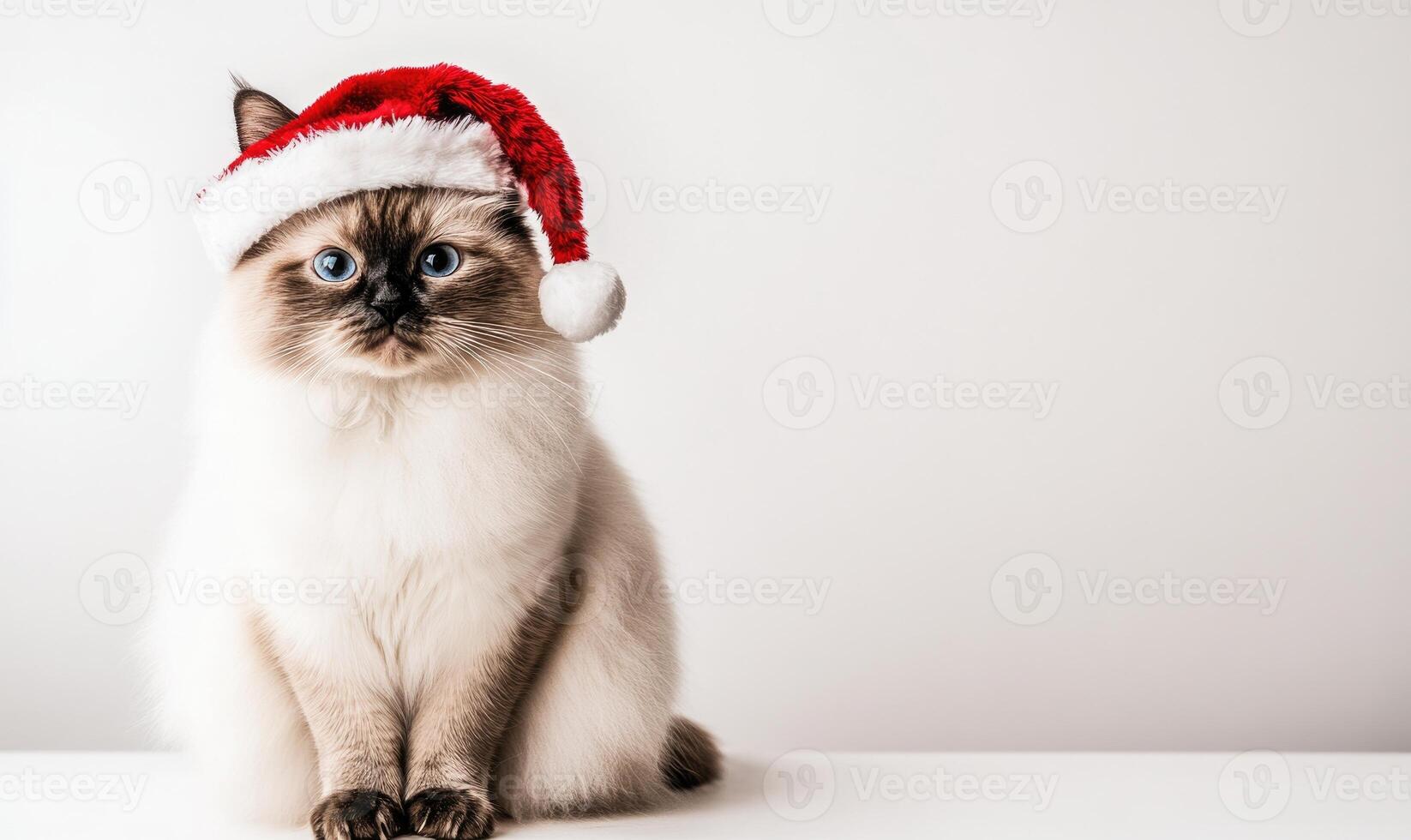 a Birman cat wearing a Santa hat, sitting calmly, white background, empty space on the left photo