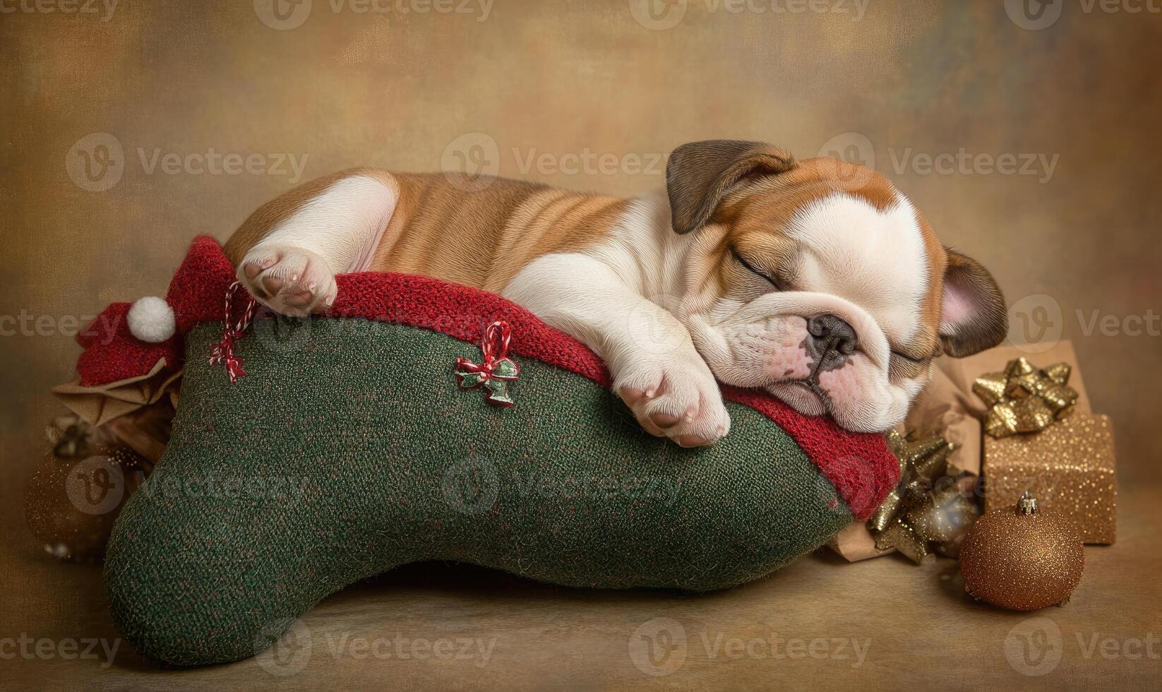 an English Bulldog puppy sleeping inside a Christmas stocking, green stocking with red trim photo