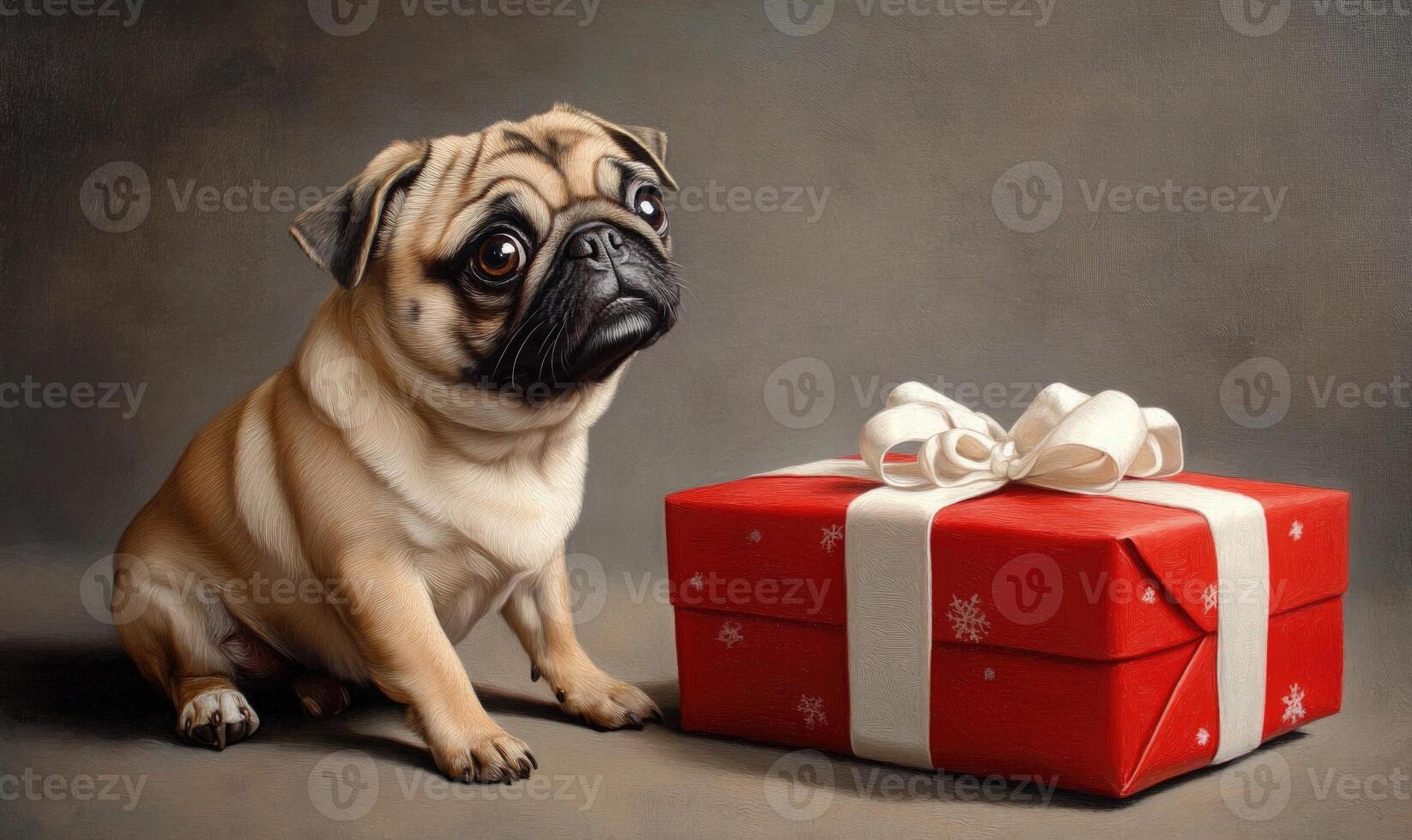 a Pug sitting in front of a red Christmas present with a white bow photo