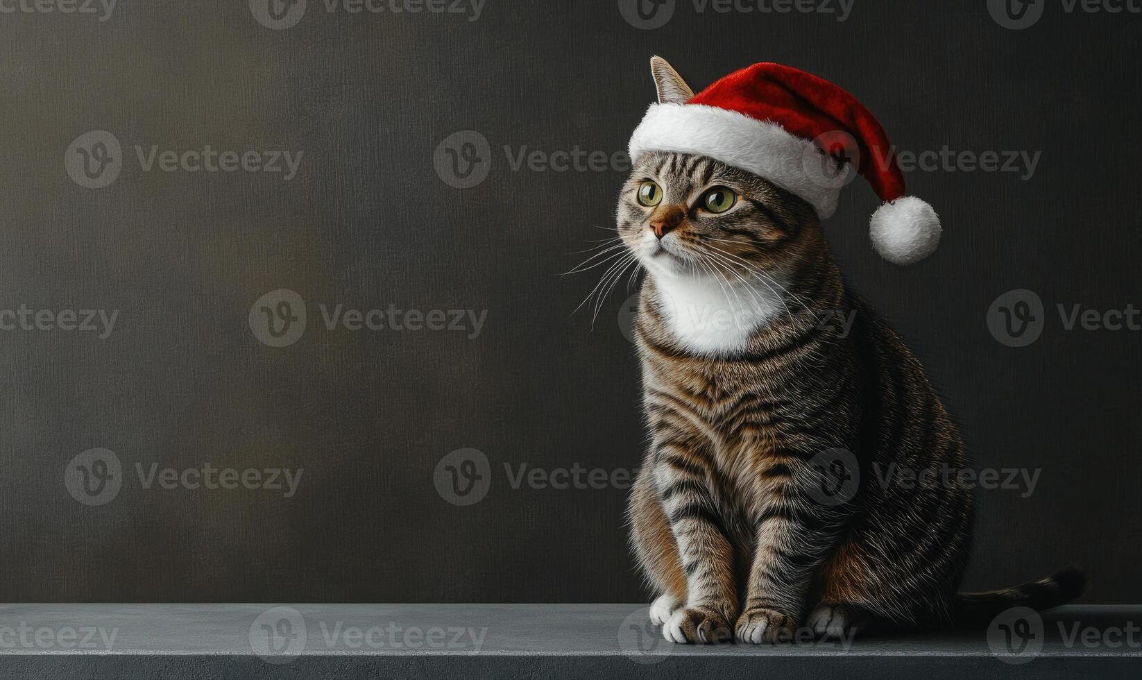 an American Shorthair cat in a Santa hat, gray background, empty space on the right photo