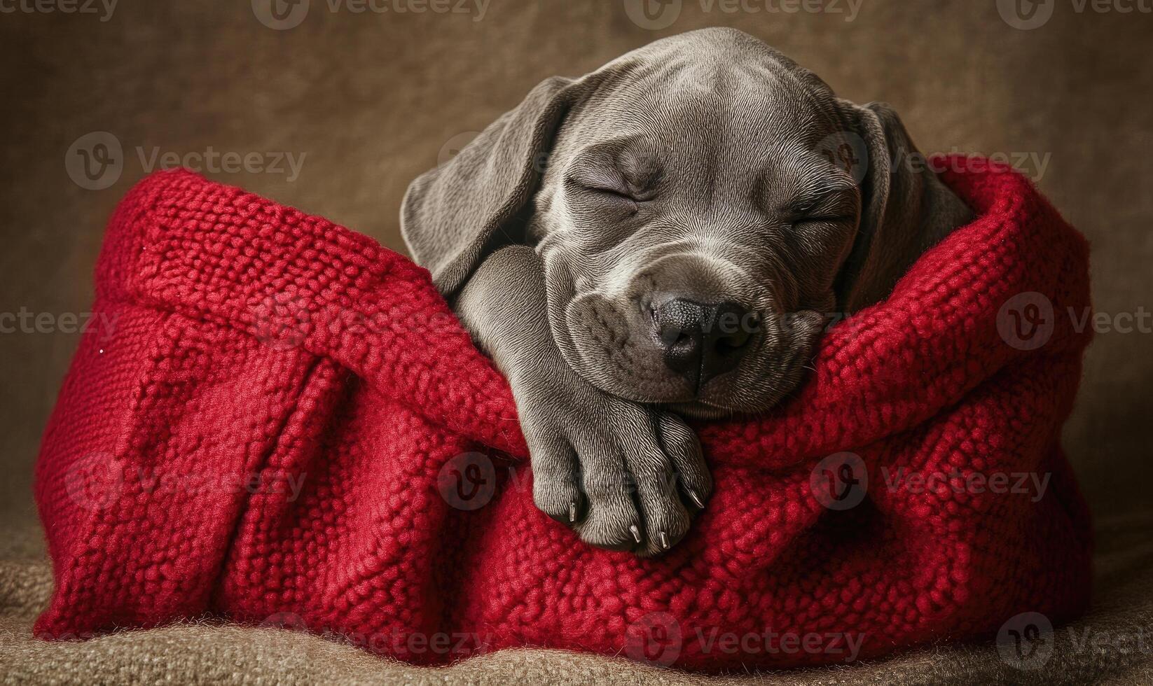 a Great Dane puppy asleep inside a red Christmas stocking photo