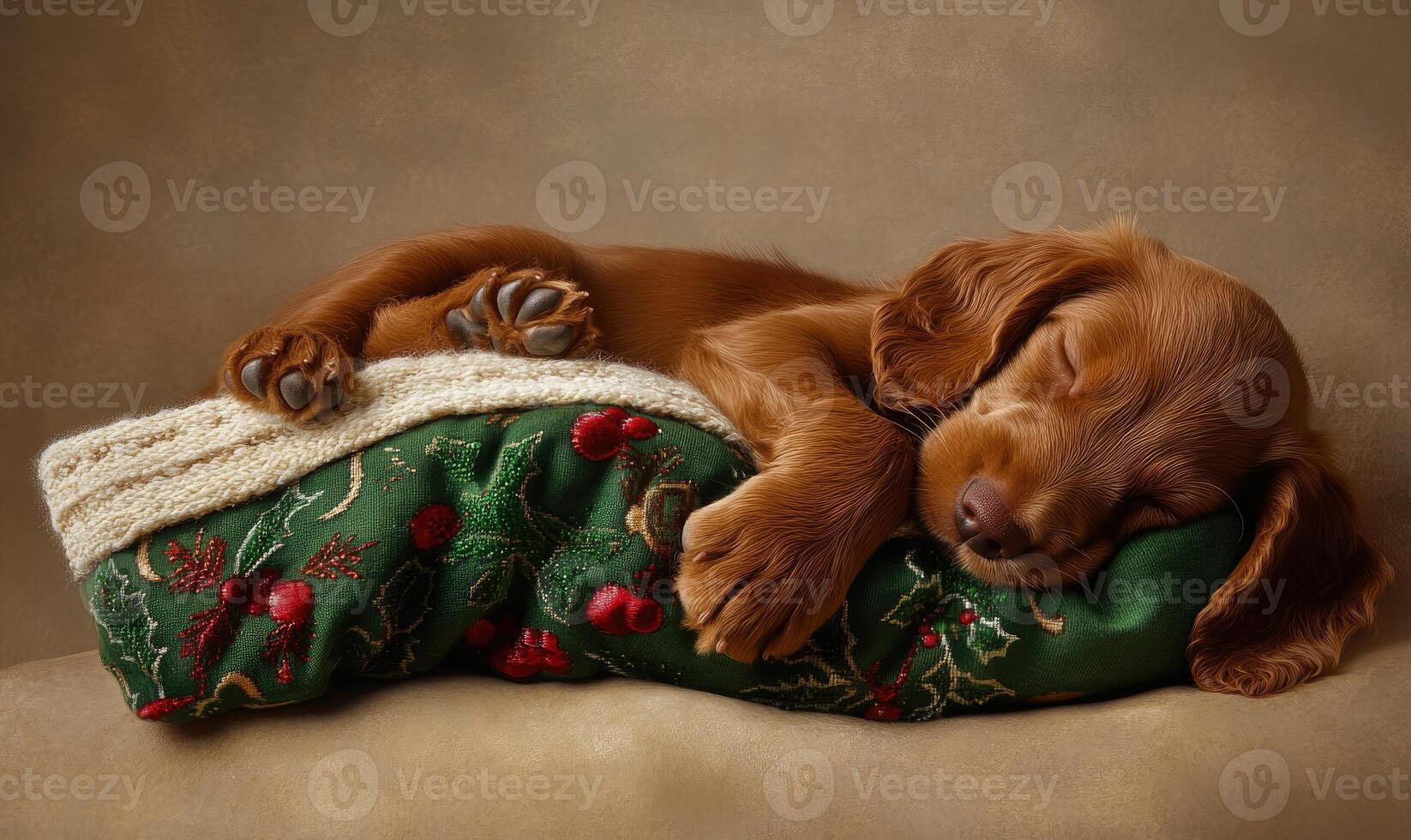 an Irish Setter puppy snuggled up in a green and white Christmas stocking photo