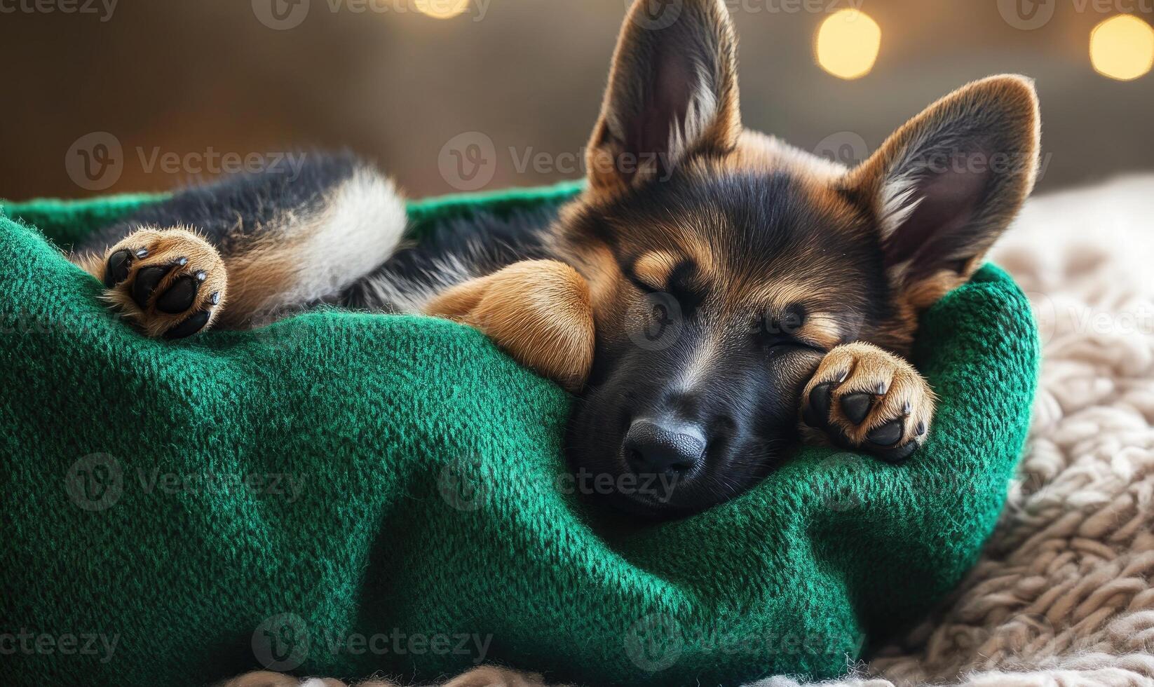 a German Shepherd puppy curled up in a green Christmas stocking photo