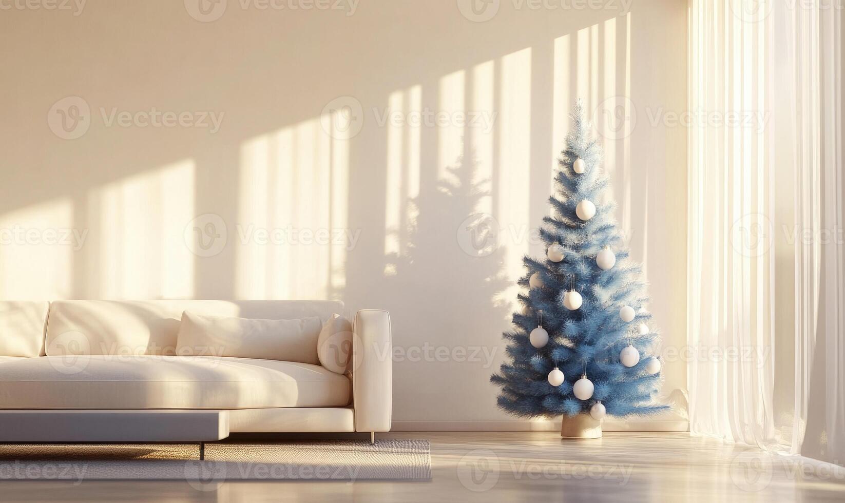 A blue Christmas tree sits in a living room with white walls and a white couch photo
