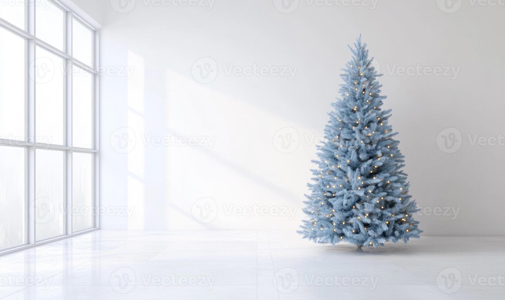 A large blue Christmas tree stands in a white room with a window photo