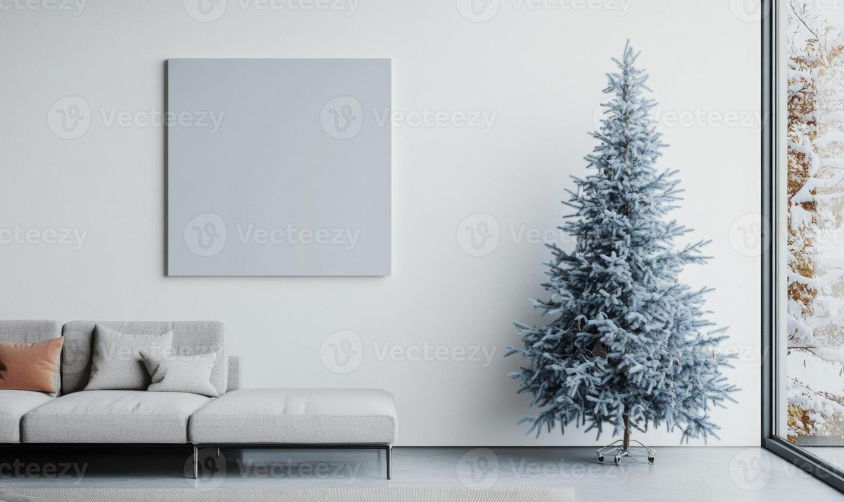 A white living room with a large Christmas tree in the corner photo