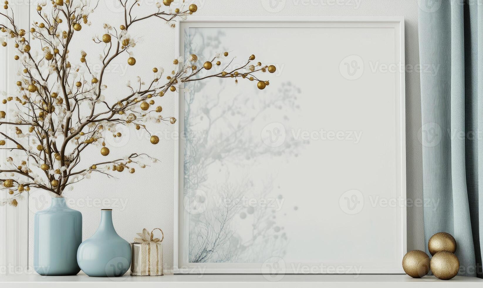 A white frame with a tree and a vase of flowers in it photo