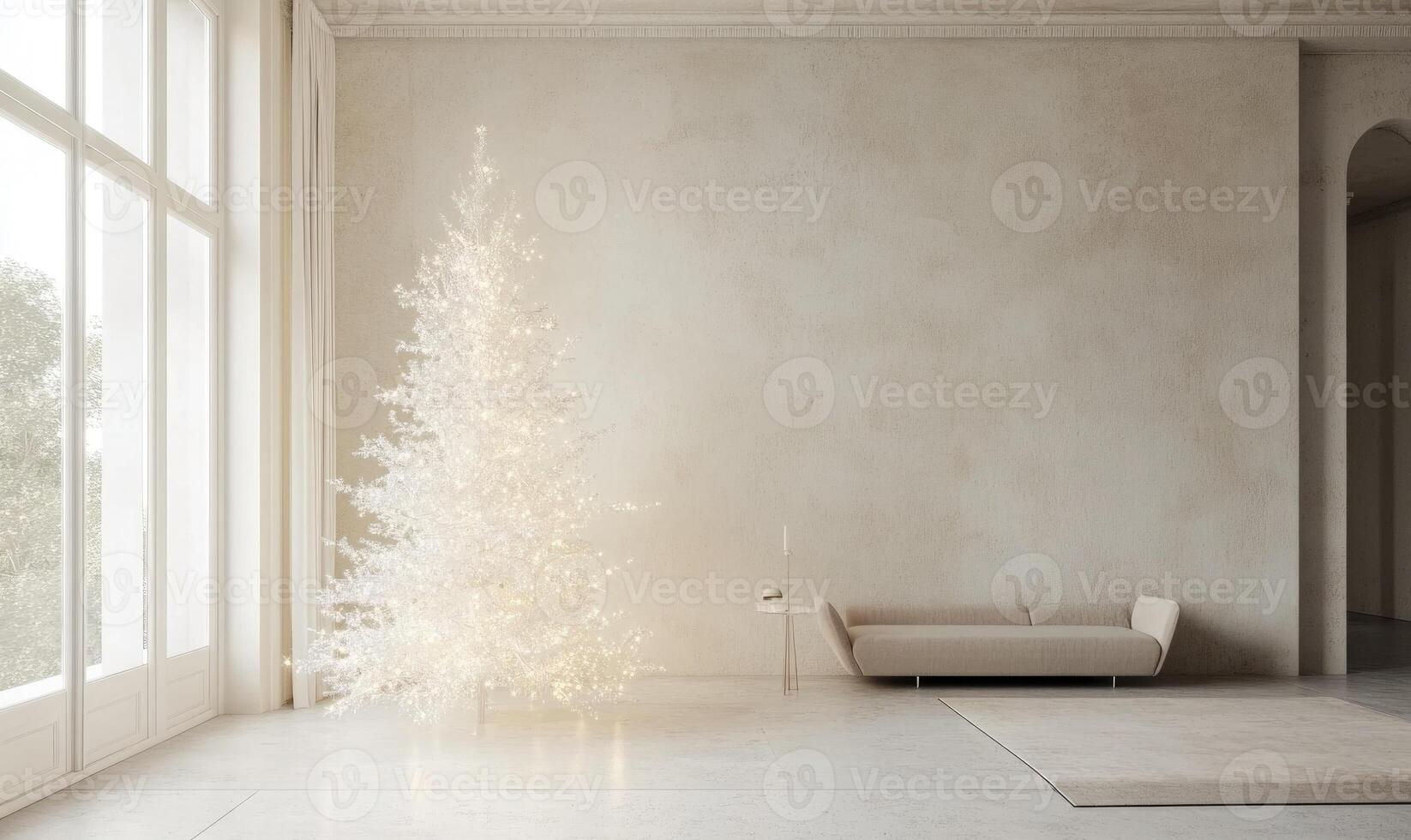 A white Christmas tree is lit up in a room with a couch and a table photo
