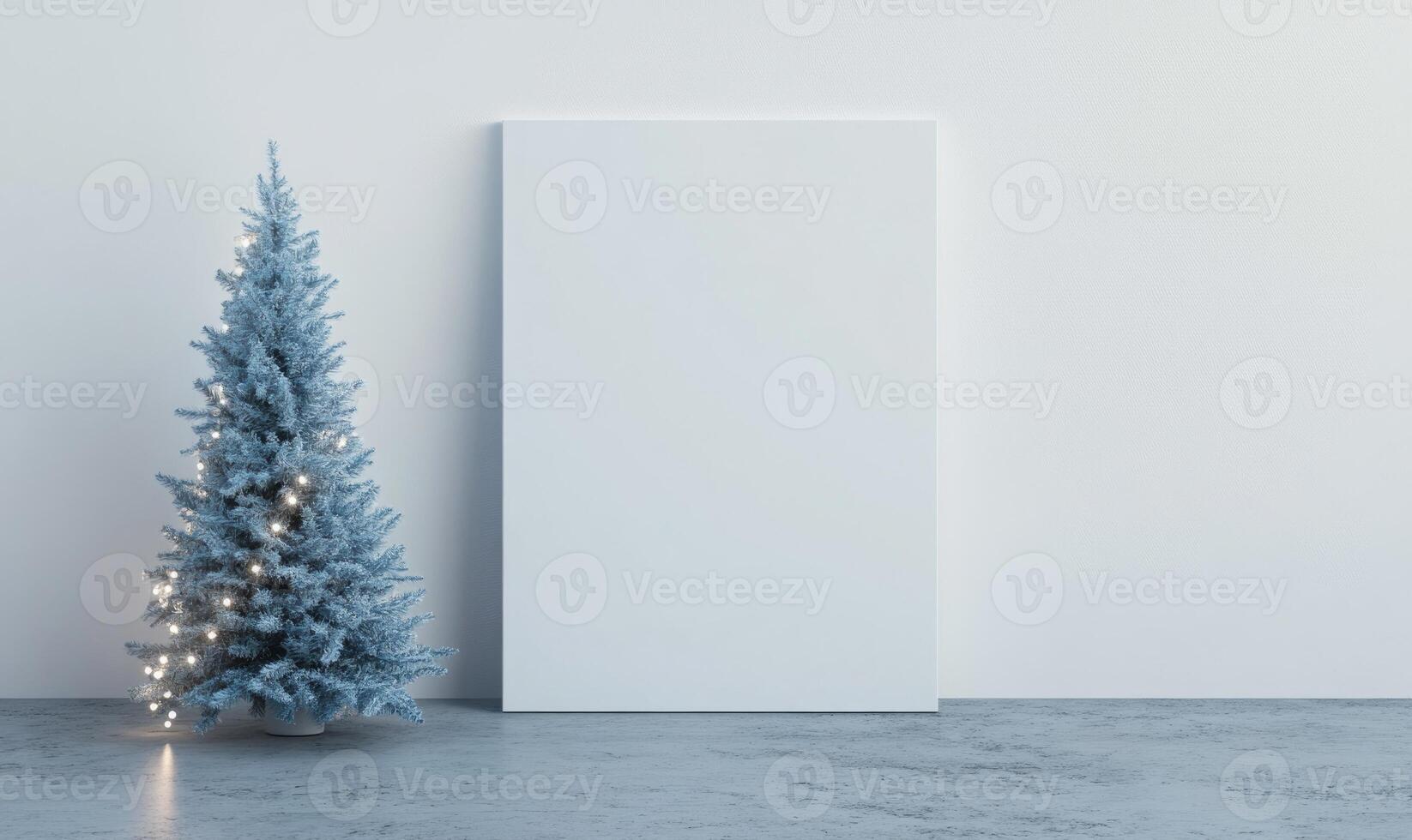 A white frame with a blue tree in front of it photo