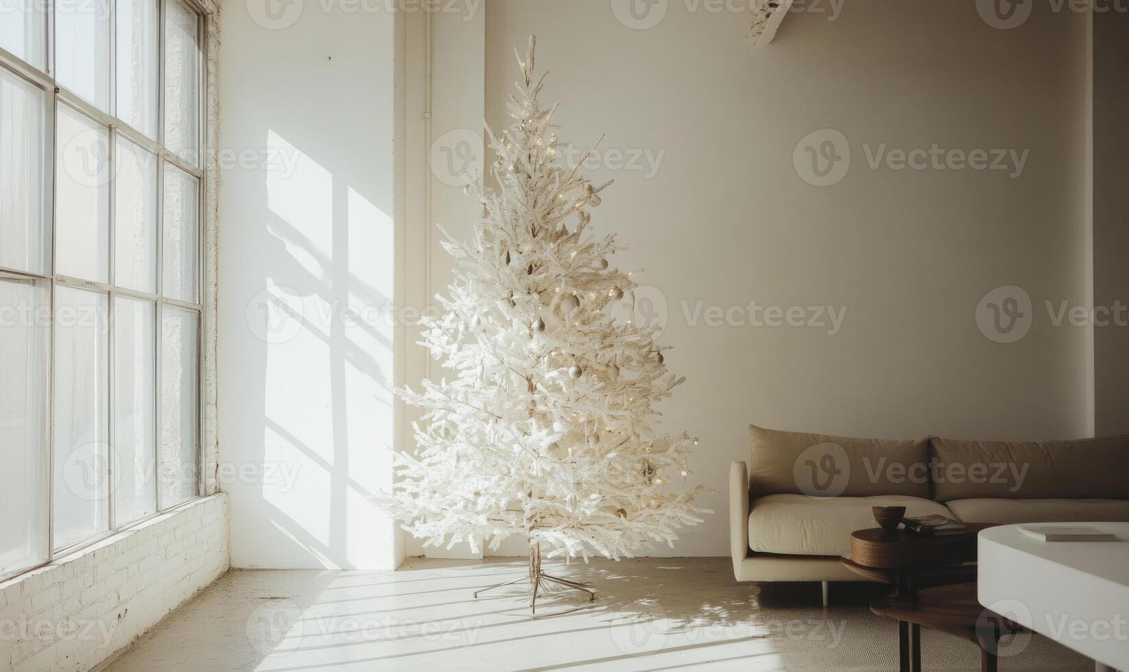 A white Christmas tree stands in a room with a couch and a coffee table photo