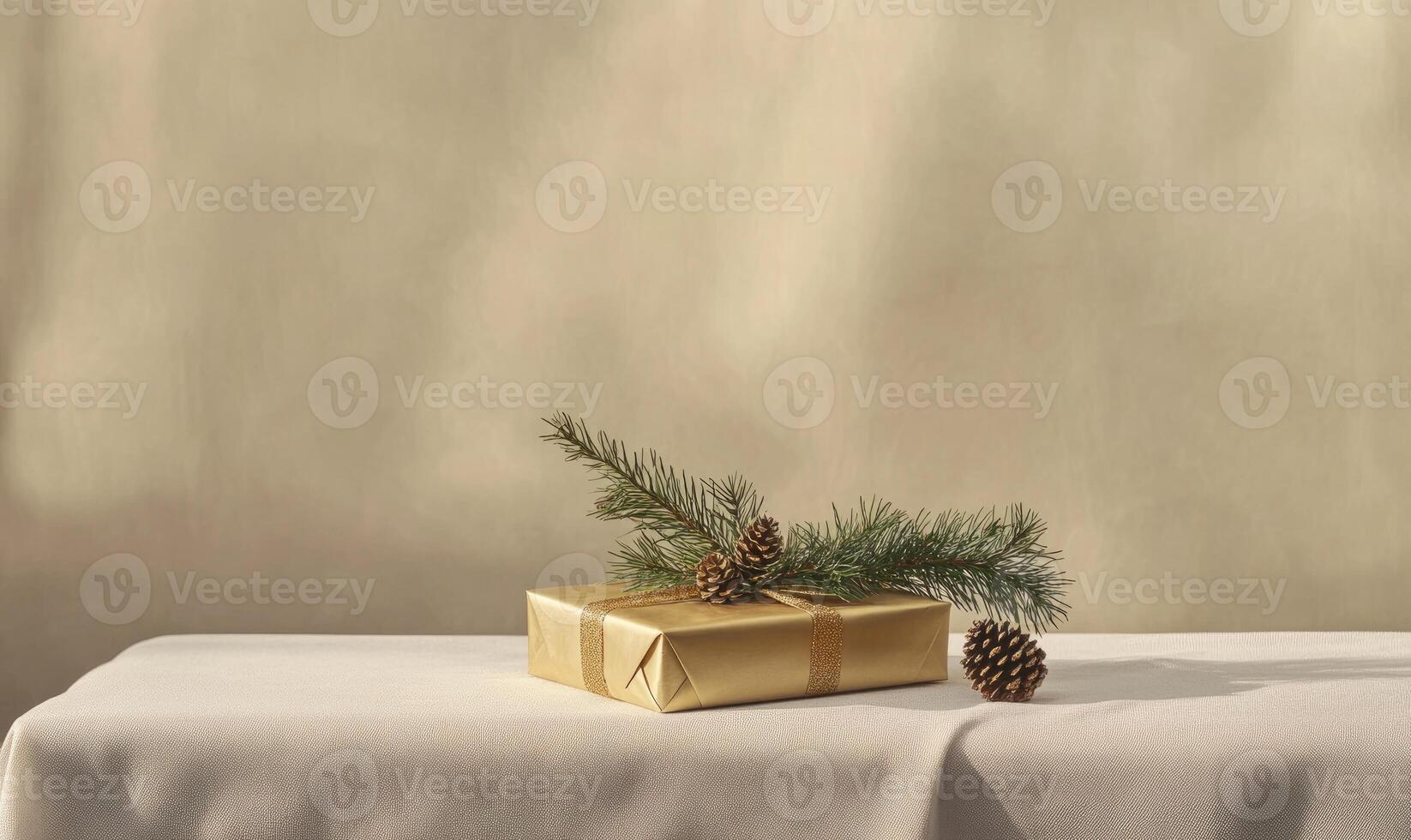 A gold wrapped box with a pine cone on top of it photo