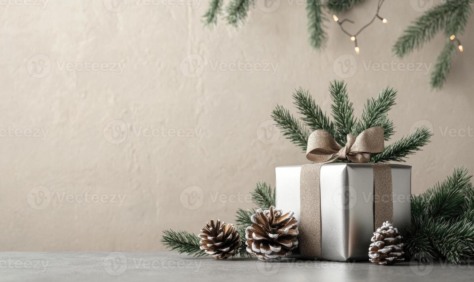 A silver box with a bow on top of pine cones photo