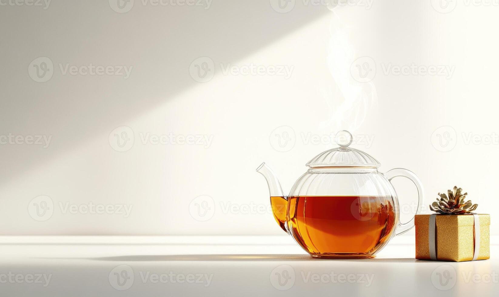 A tea pot with steam coming out of it sits on a table next to a gold wrapped gif photo