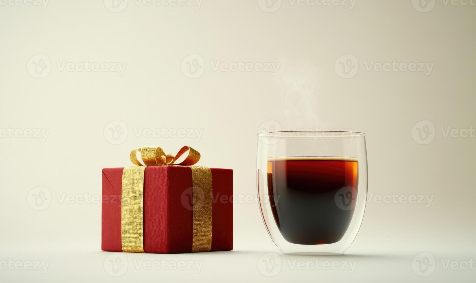 A red box with a gold ribbon sits next to a cup of coffee photo