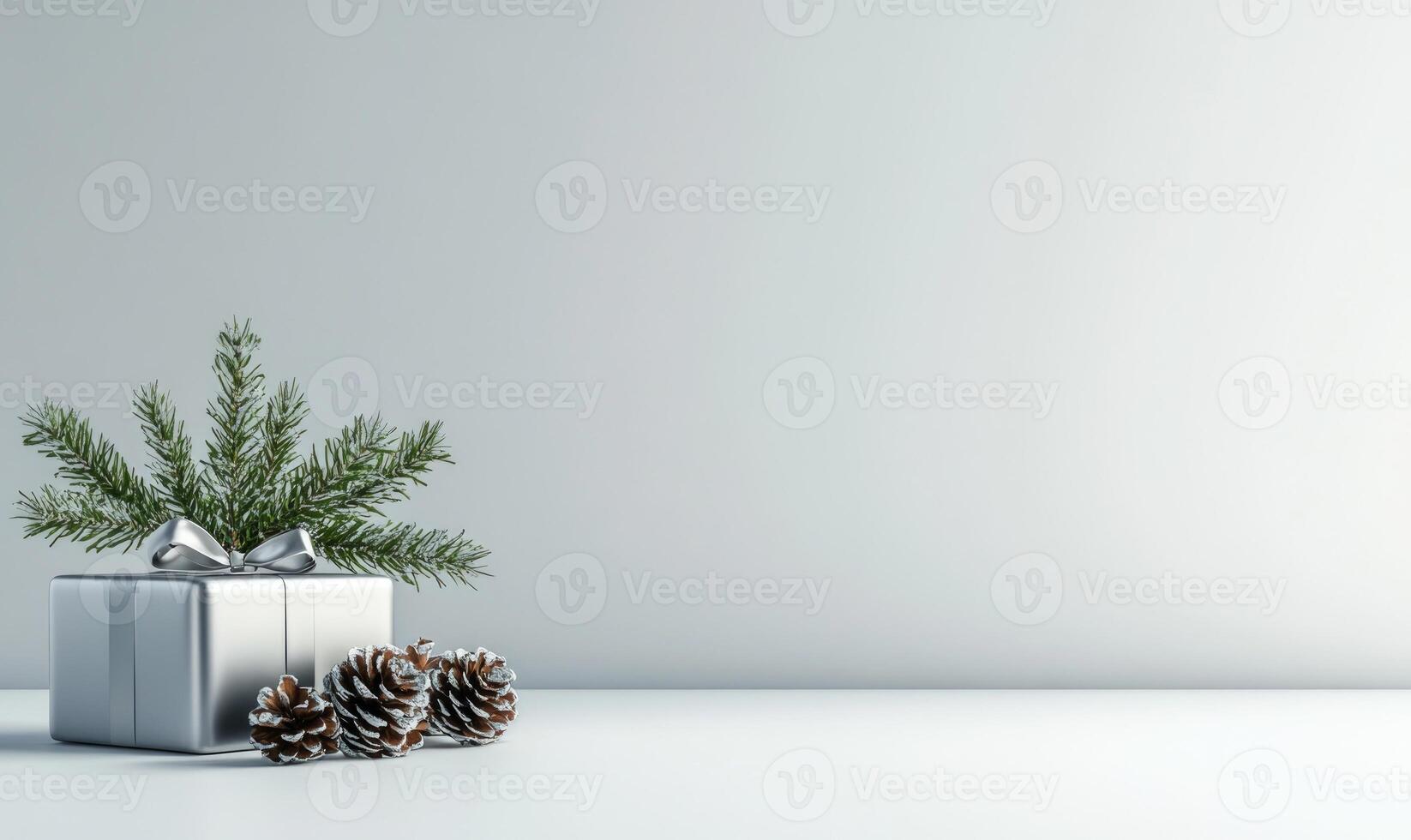 A silver box with a bow on top of it is surrounded by pine cones photo