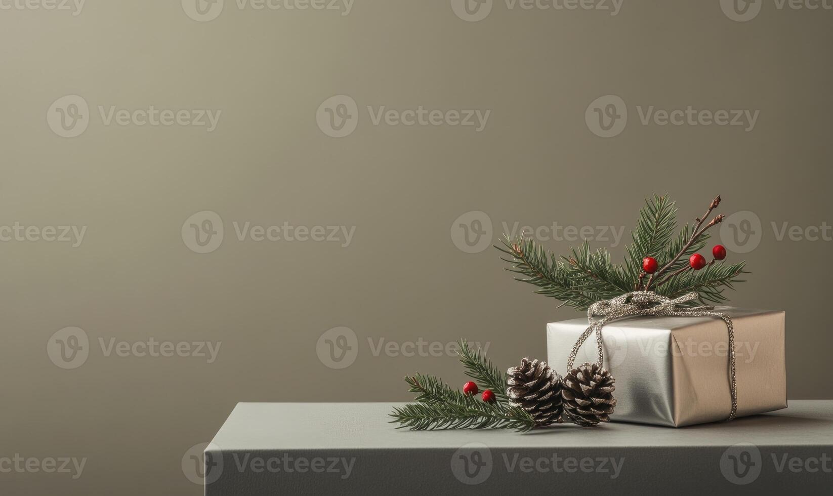 A box of presents sits on a table with pine needles and berries photo