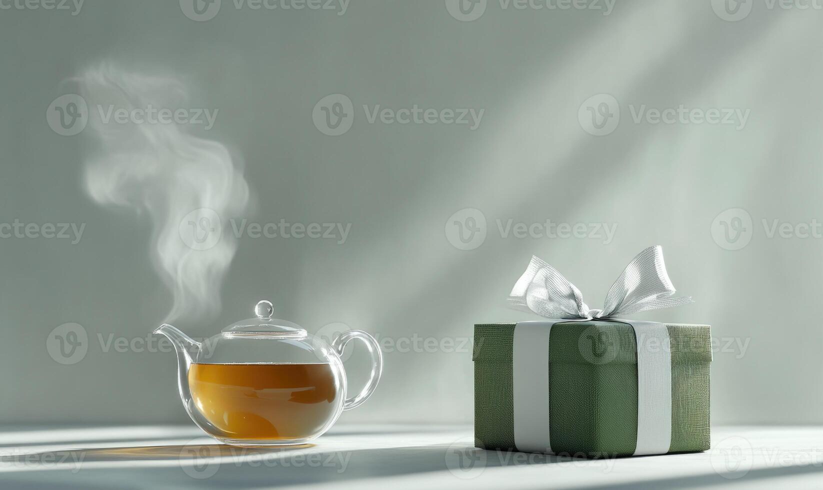 A tea kettle is sitting on a table next to a gift box photo
