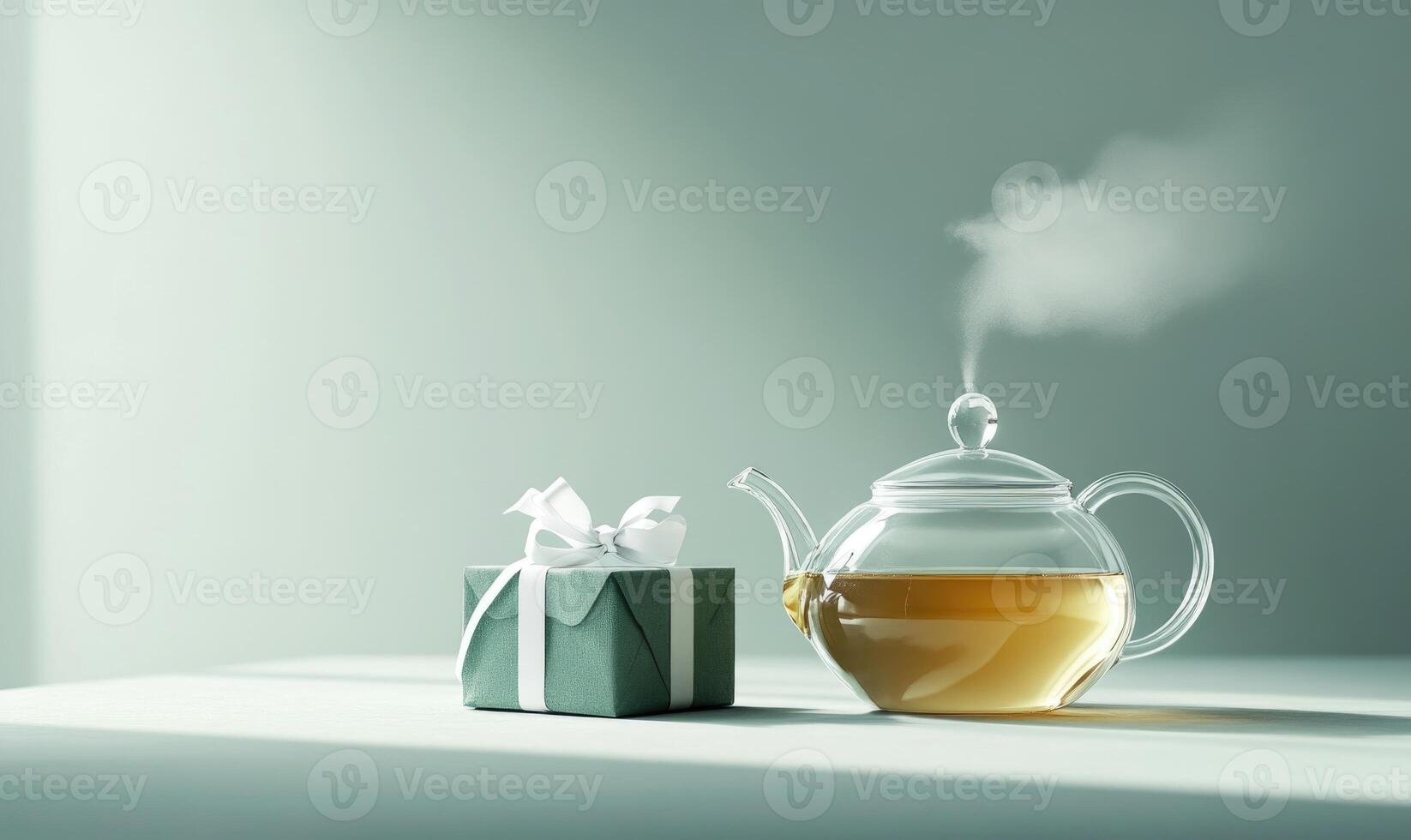 A green box with a white bow sits next to a teapot photo