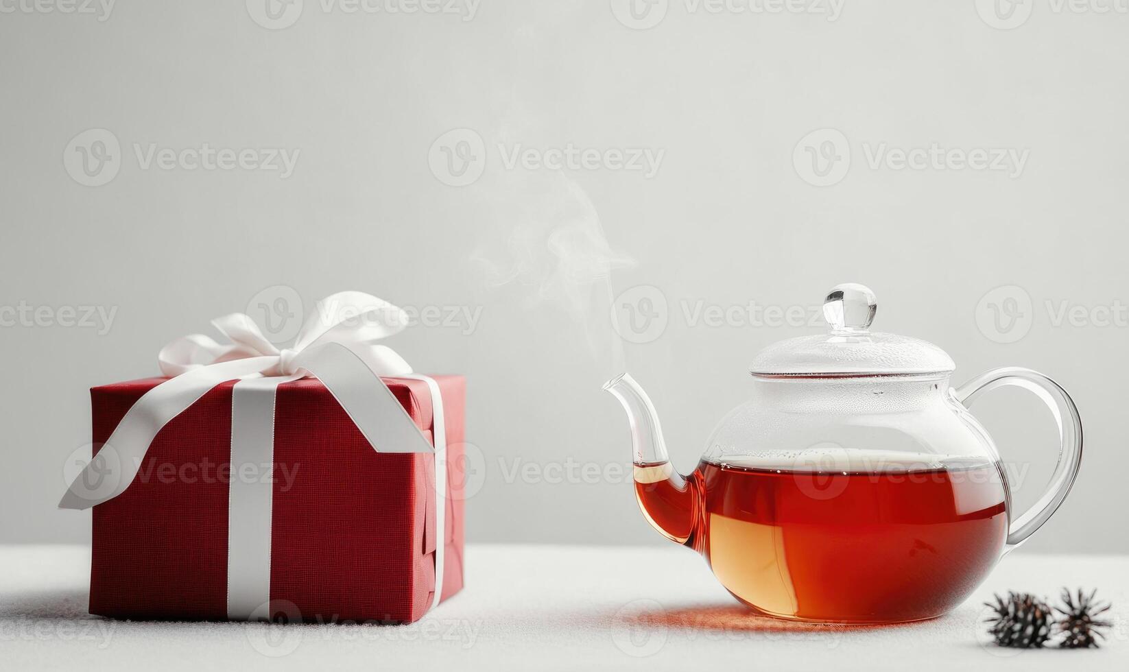 A red box with a white bow sits on a table next to a teapot photo