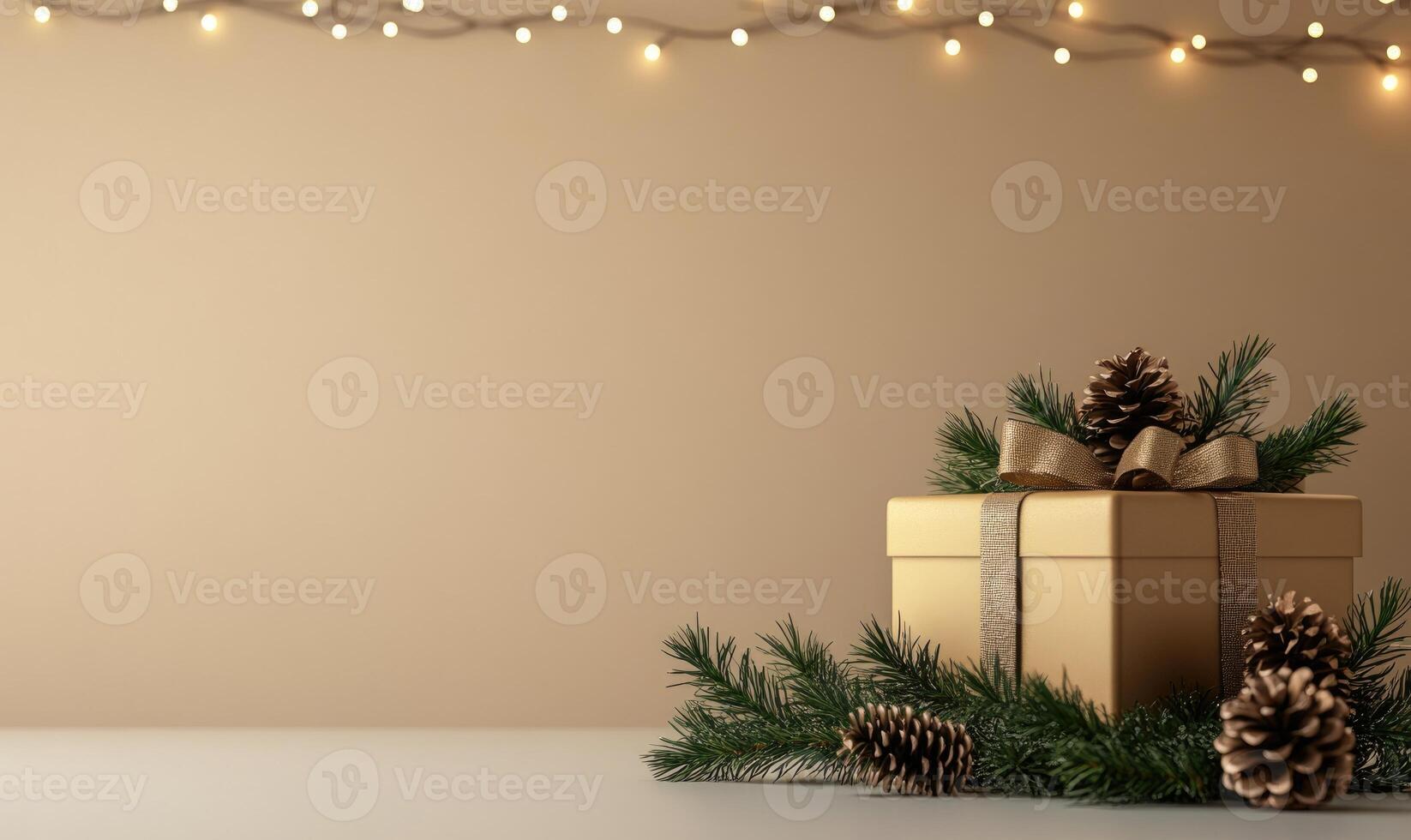 A gold box with a bow on top of a table with pine cones and lights photo