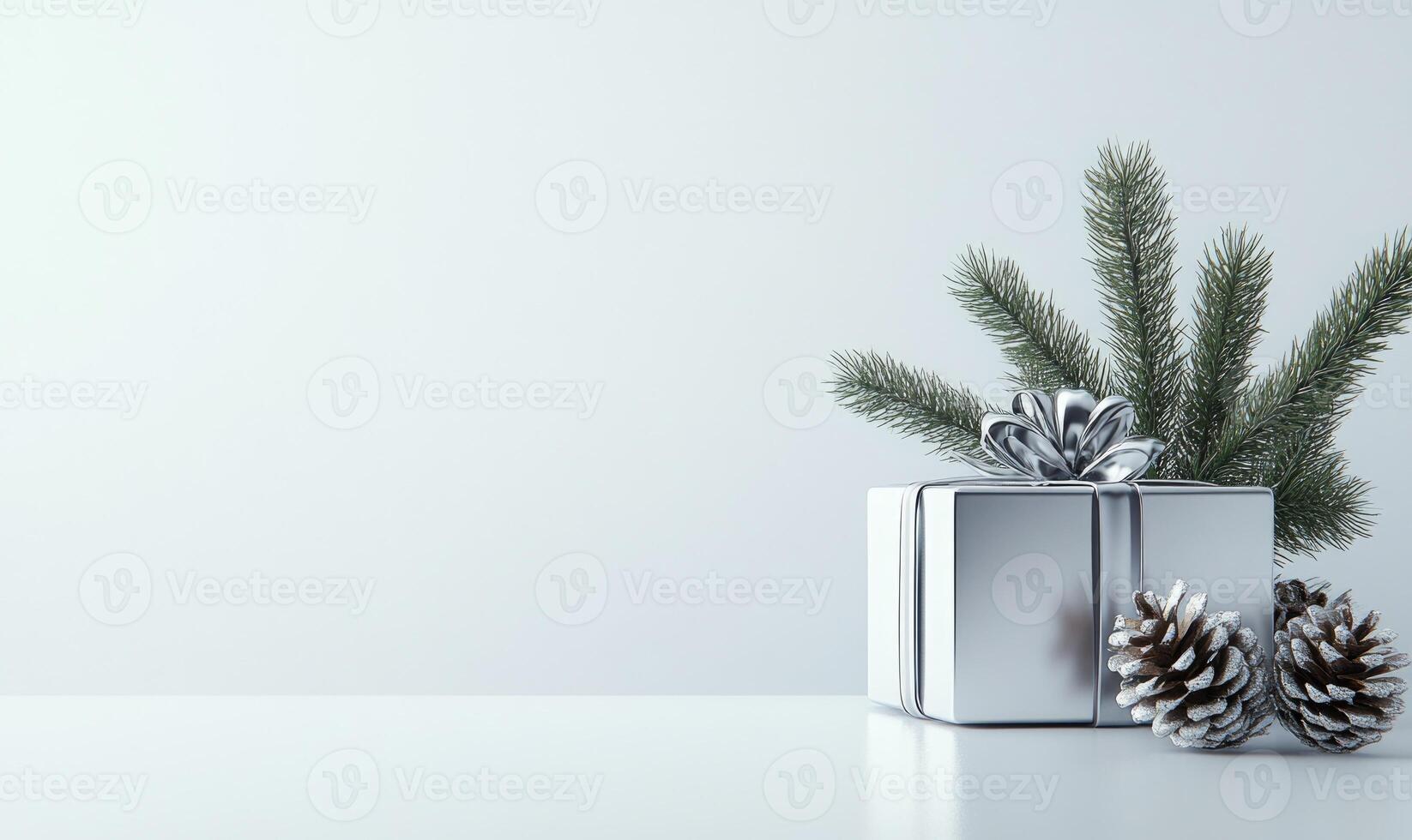 A silver box with a bow on top of it is surrounded by pine cones photo