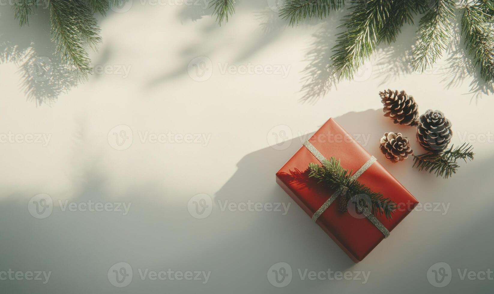A red box with a ribbon sits on a table with pine cones photo