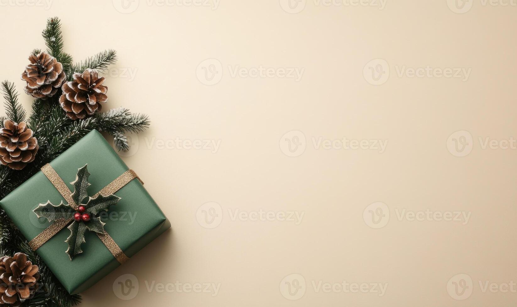 A green box with a red ribbon sits on a white background photo