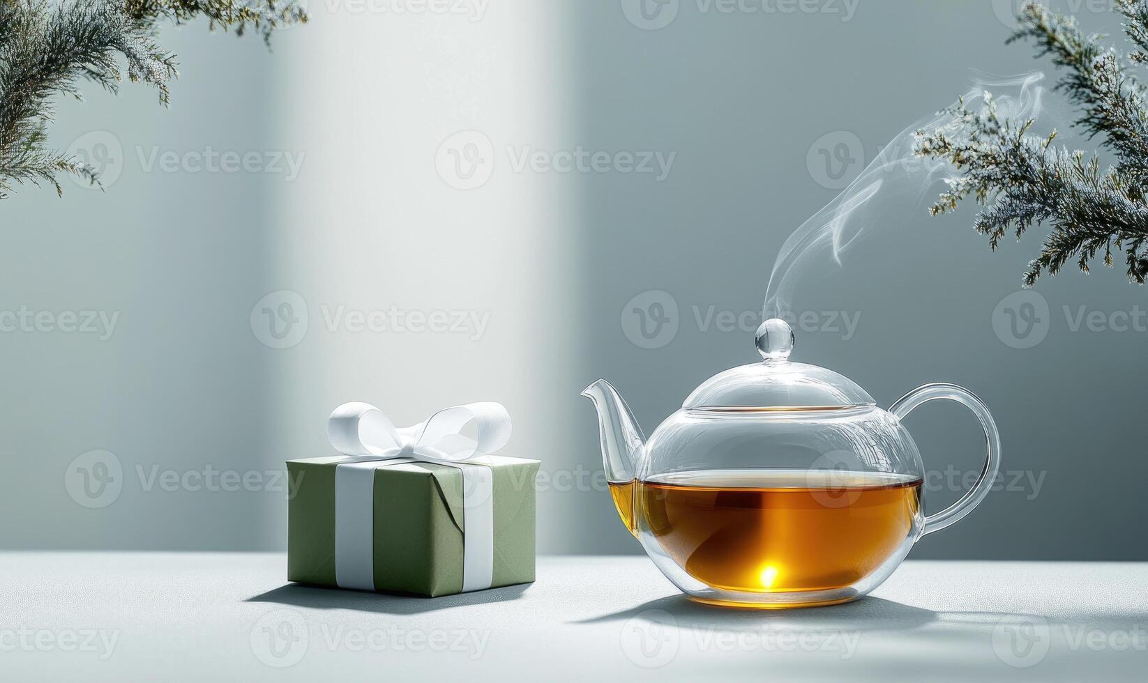 A tea pot with steam coming out of it sits on a table next to a green box photo