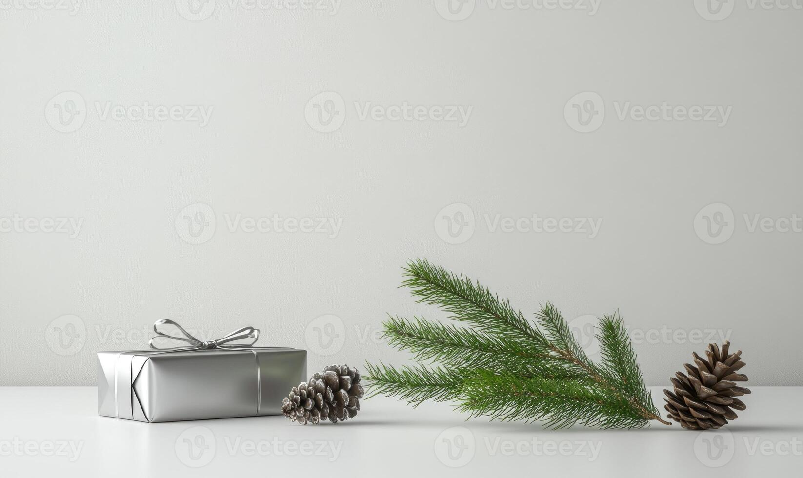 A silver box with a bow on top sits on a white table photo