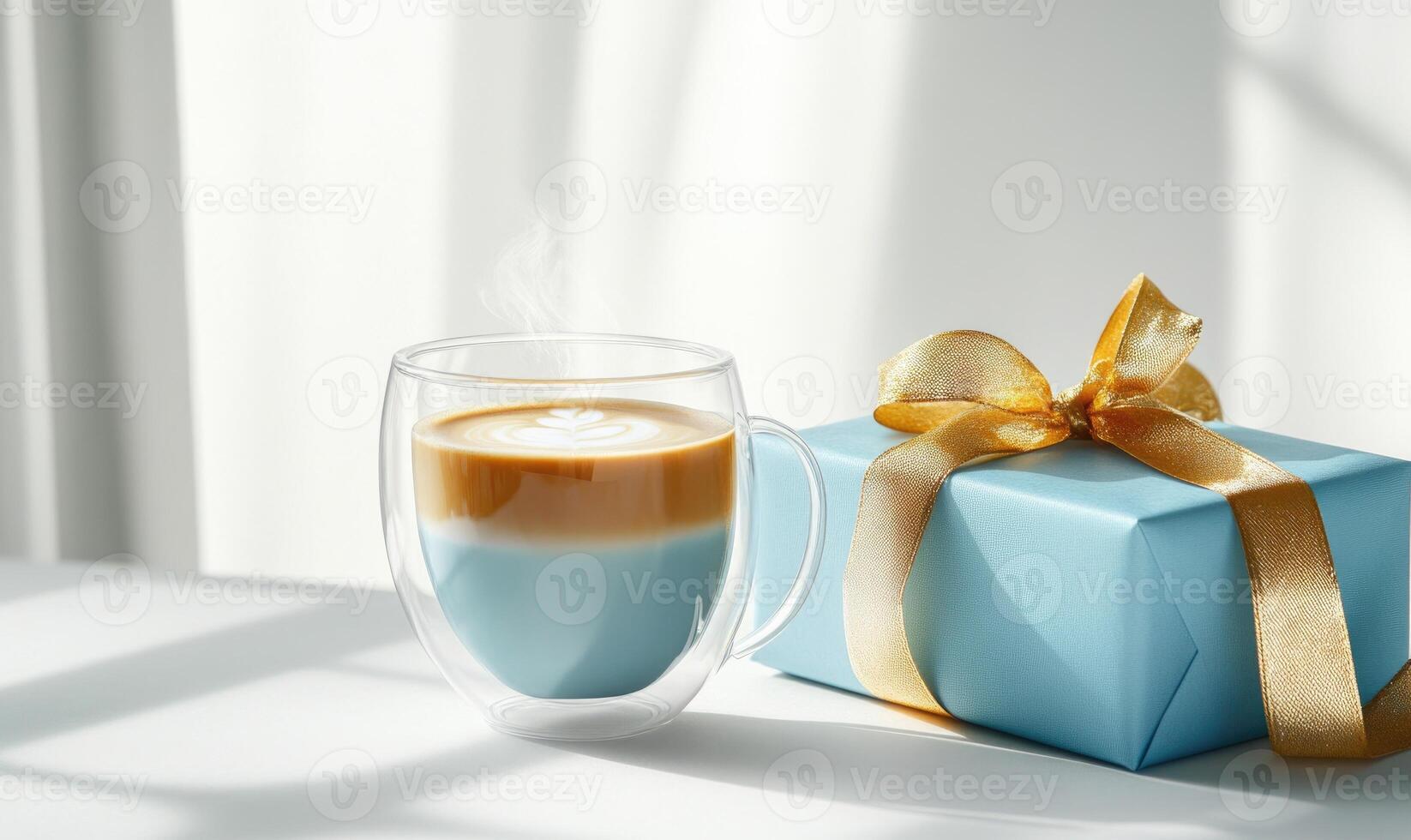 A cup of coffee sits on a table next to a blue box with a gold ribbon photo