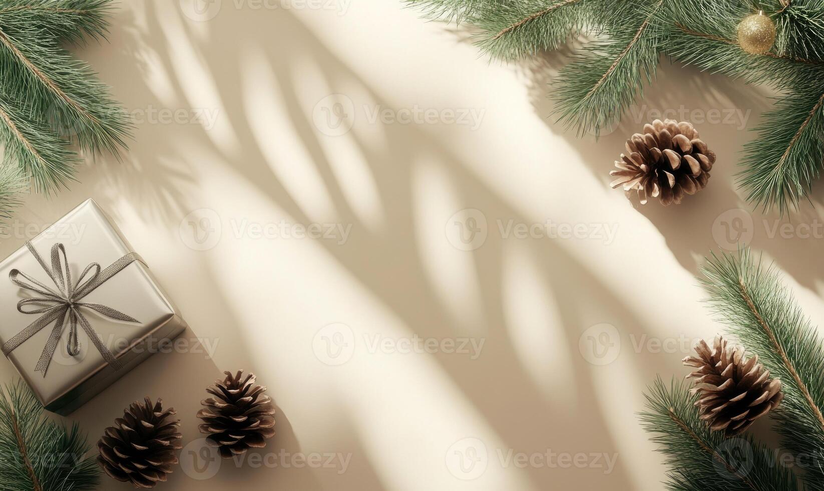 A white box with a bow on it sits on a table next to pine cones photo