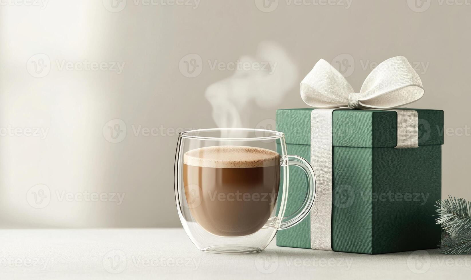 A cup of coffee sits on a table next to a green box photo